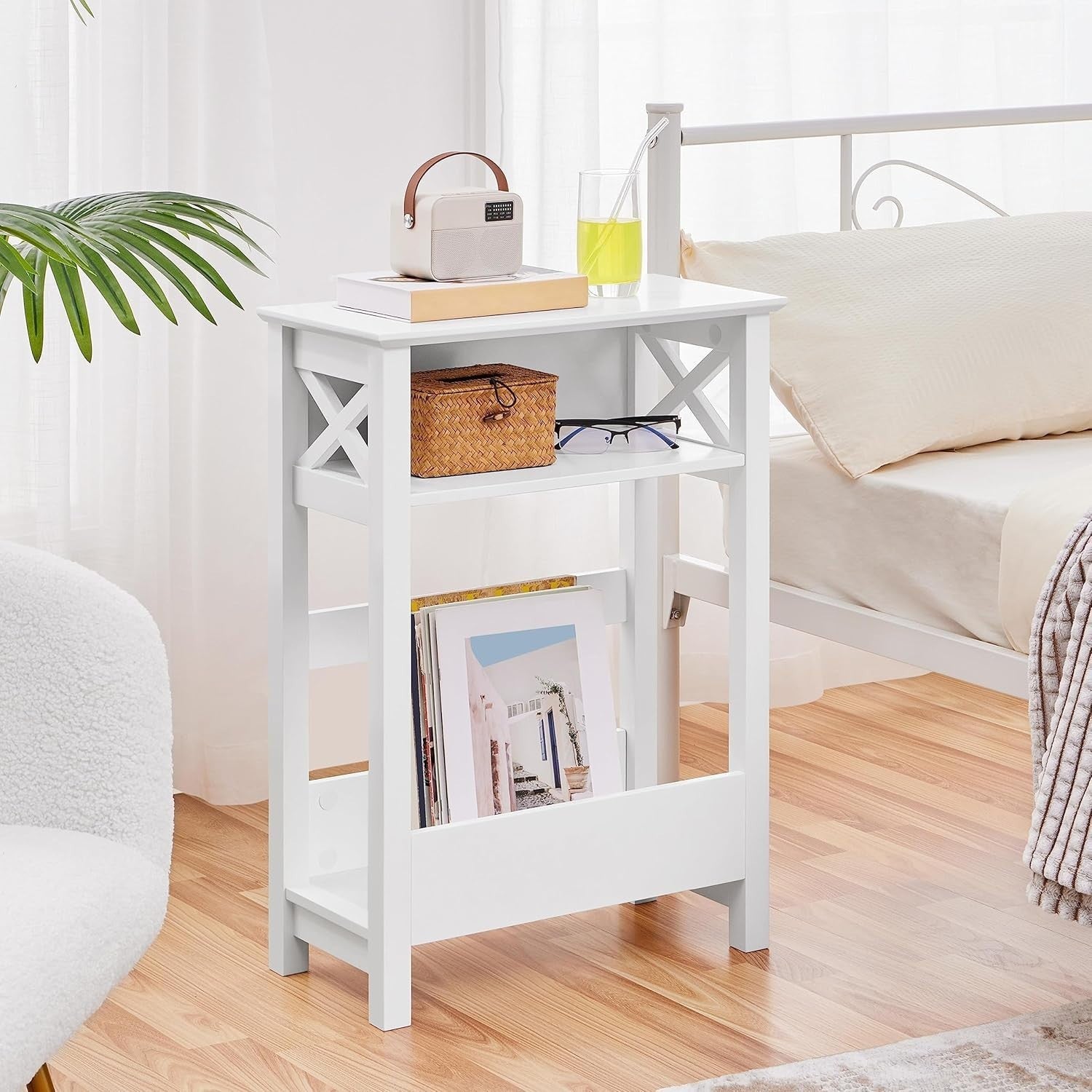 Slim End Table with Storage Shelf, 3-Tier Narrow Nightstand, 70cm Tall, Modern D