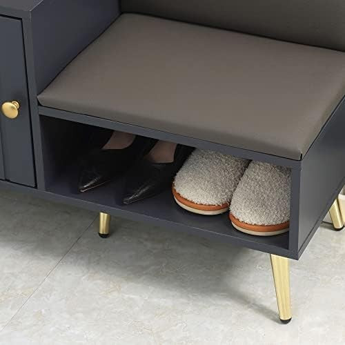 Grey Shoe Storage Bench with Cushion & Side Cabinet – Modern Hallway Seat