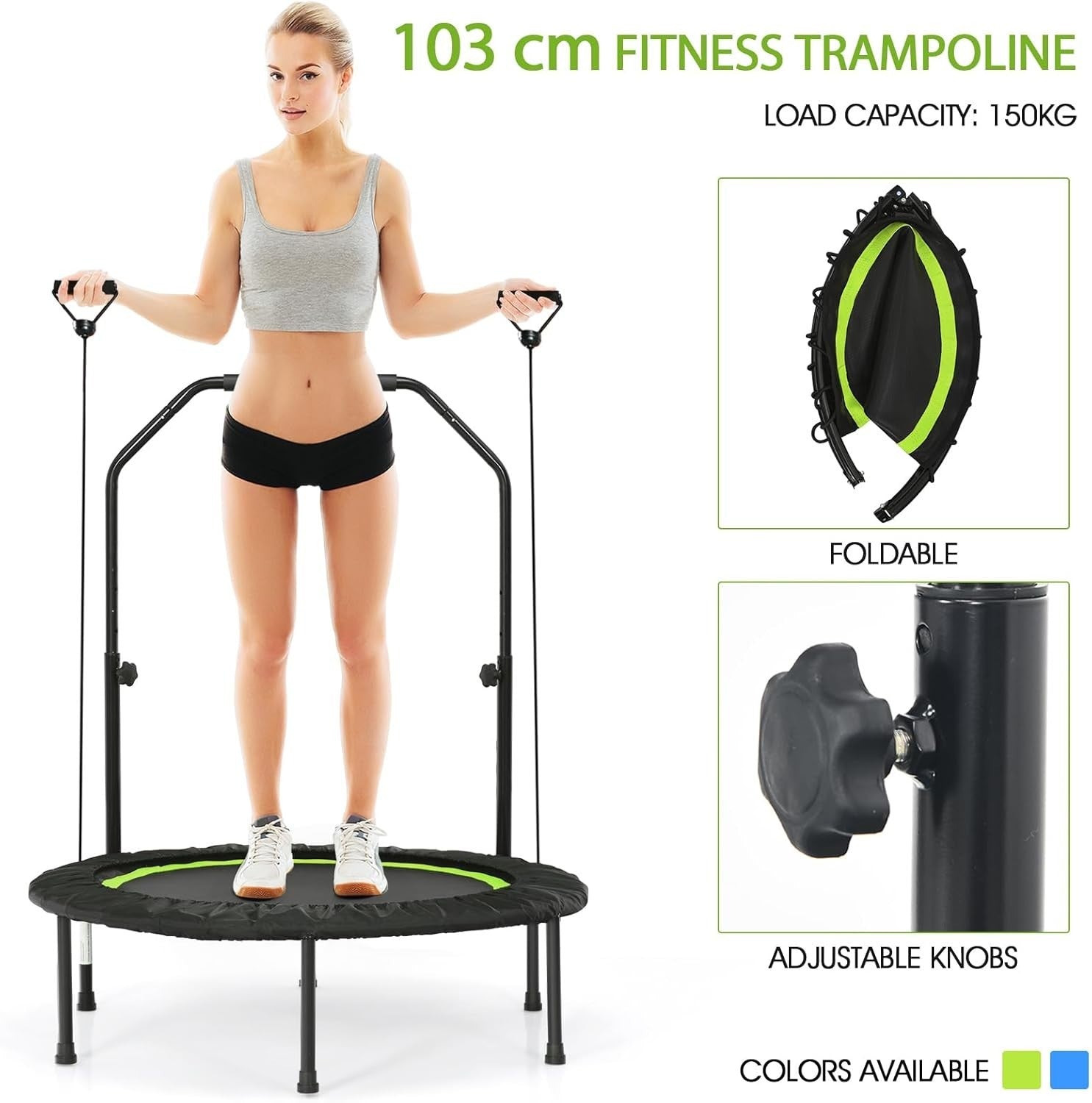 40in Foldable Fitness Trampoline Adjustable Handle Resistance Bands