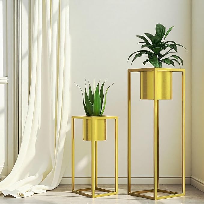 Set of 2 Tall Gold Metal Plant Stands Indoor Outdoor Modern Flower Pots