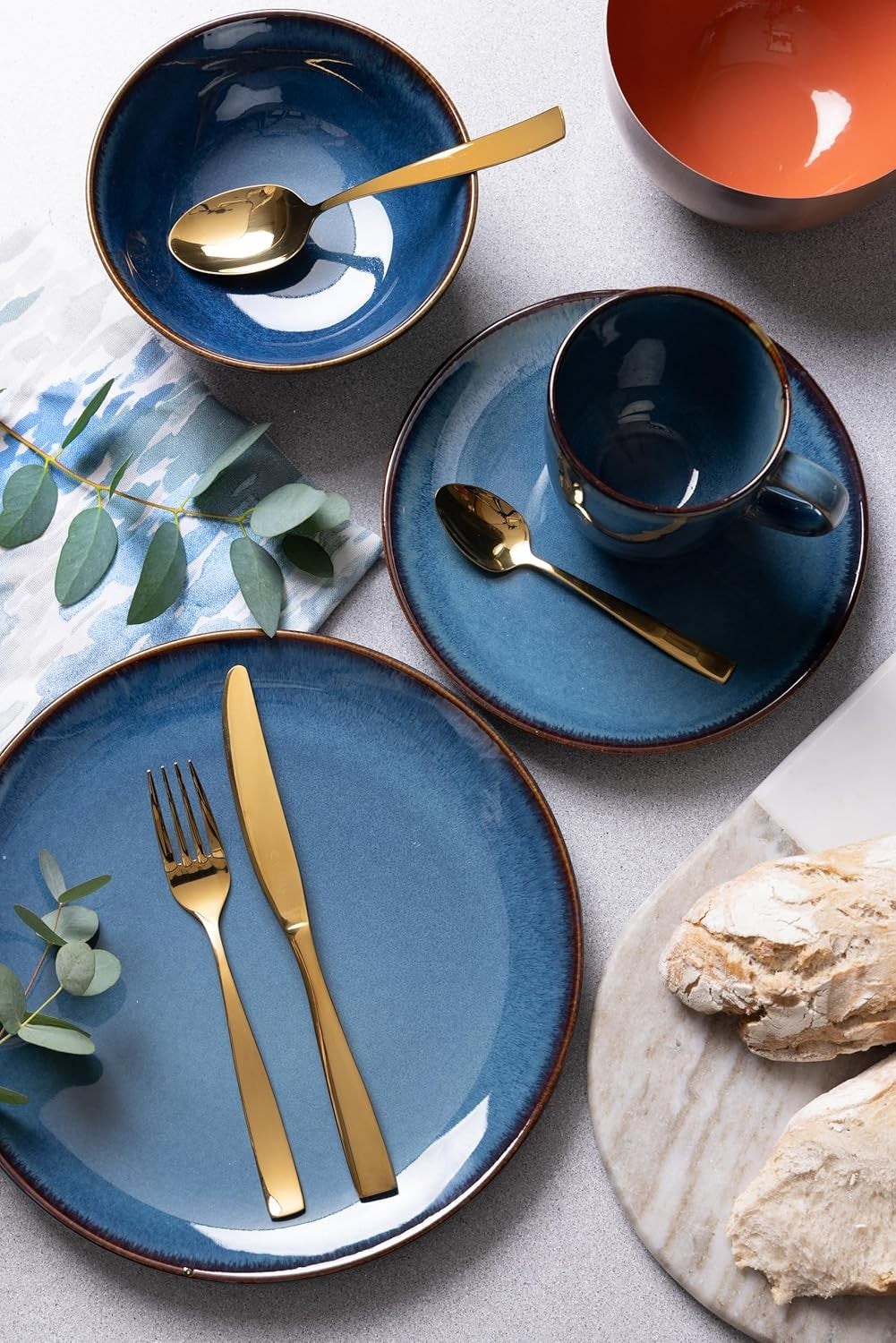 12pc Stoneware Dinner Set Blue Reactive Glaze Plates Bowls Dishwasher Safe