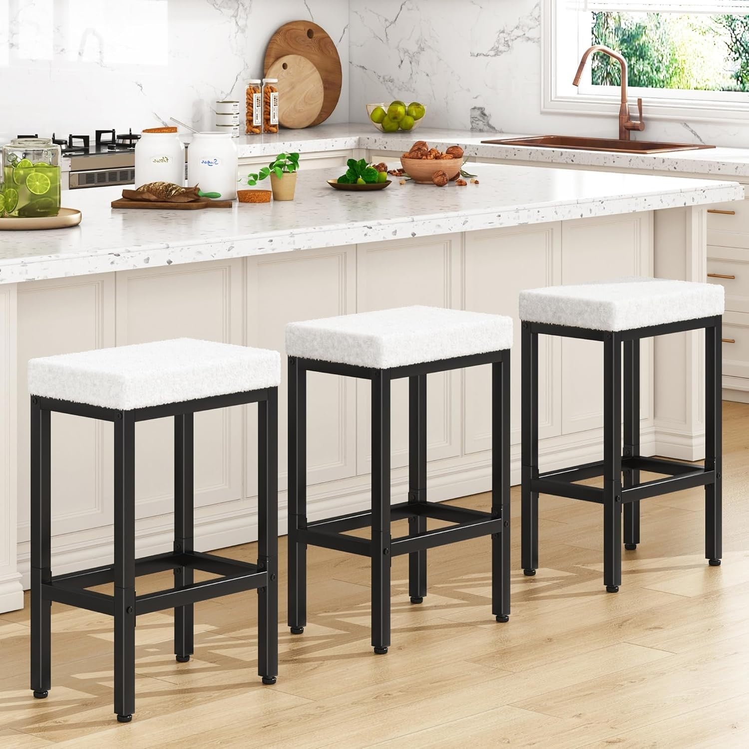 4-Piece White Bar Stools Set with Metal Legs, 66cm Counter Height Chairs Set