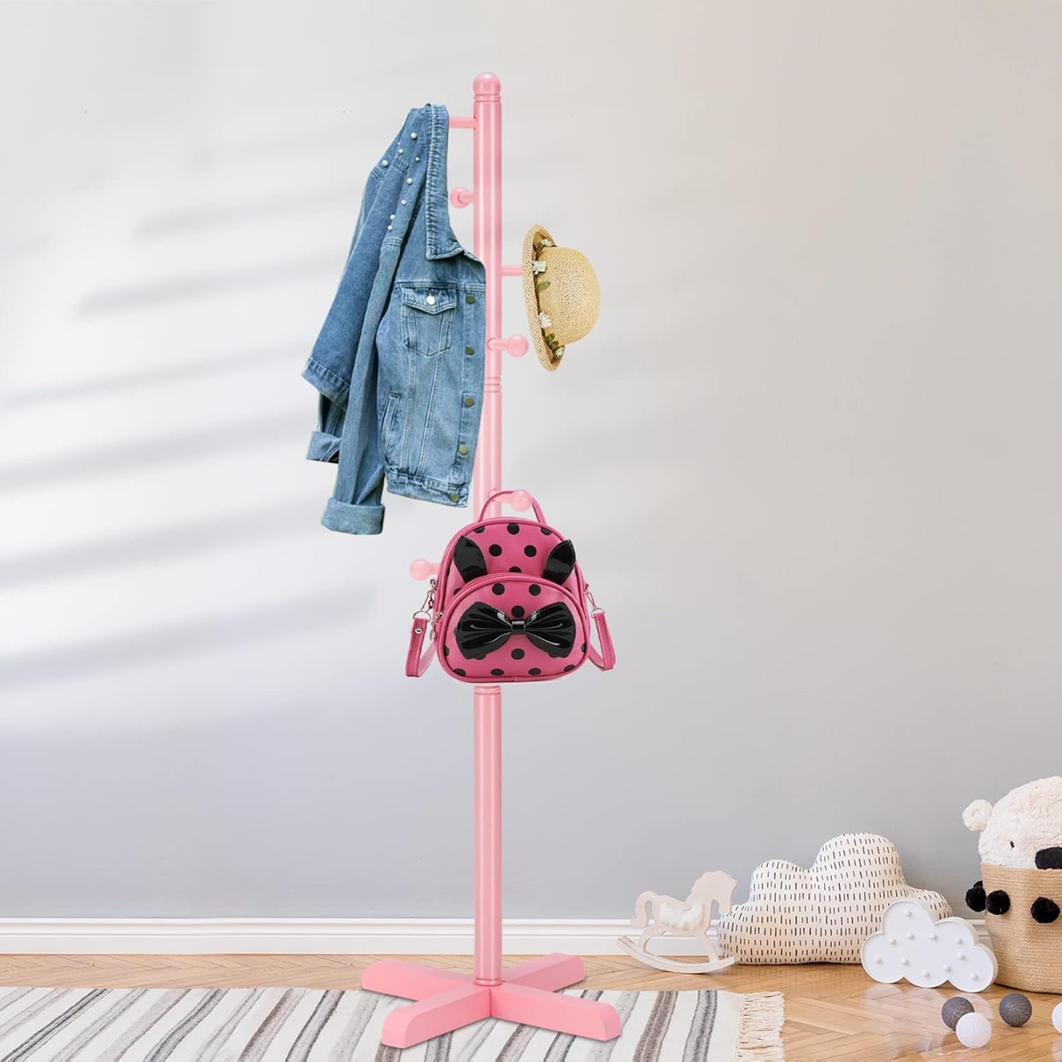 Kids Freestanding Pink Coat Rack | 8 Hooks Adjustable Wooden Tree Stand
