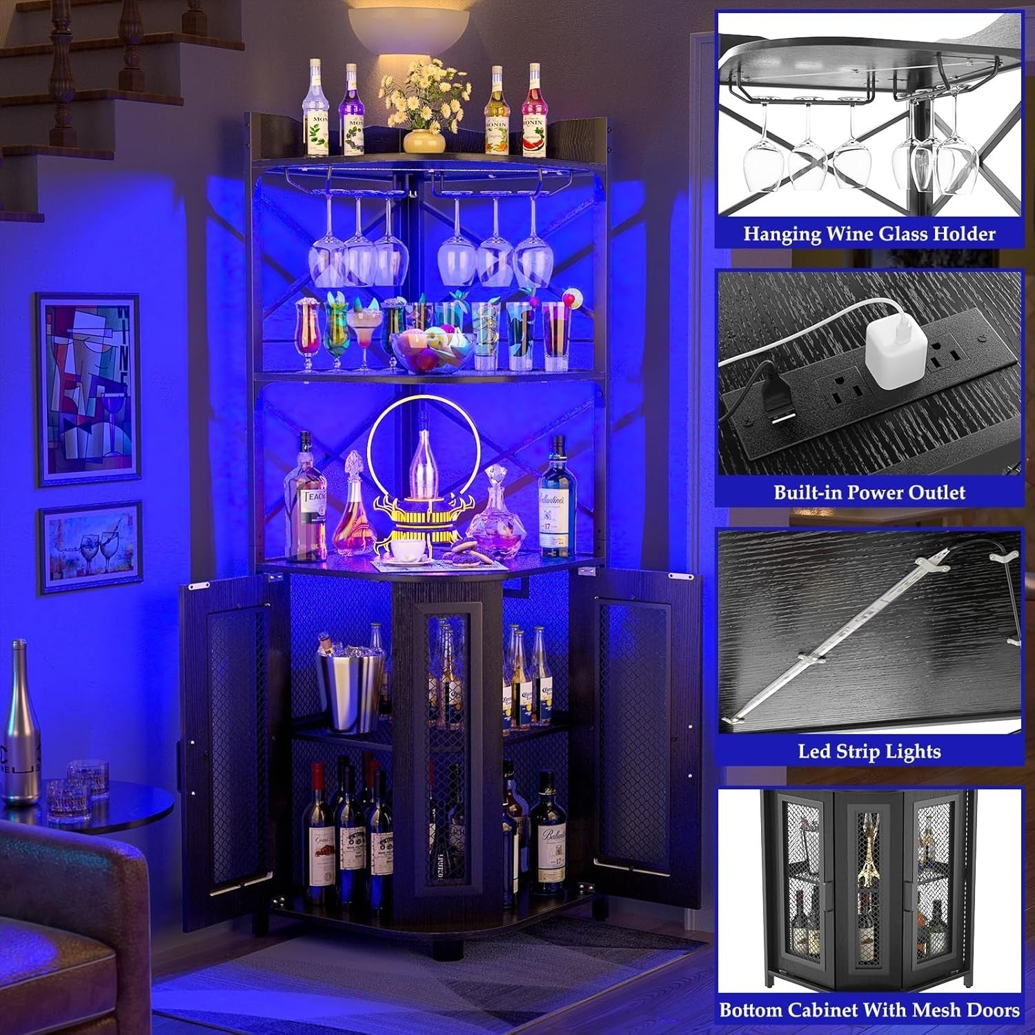 Corner Bar Cabinet with LED Lights & Power Outlets, 5-Tier Liquor Display