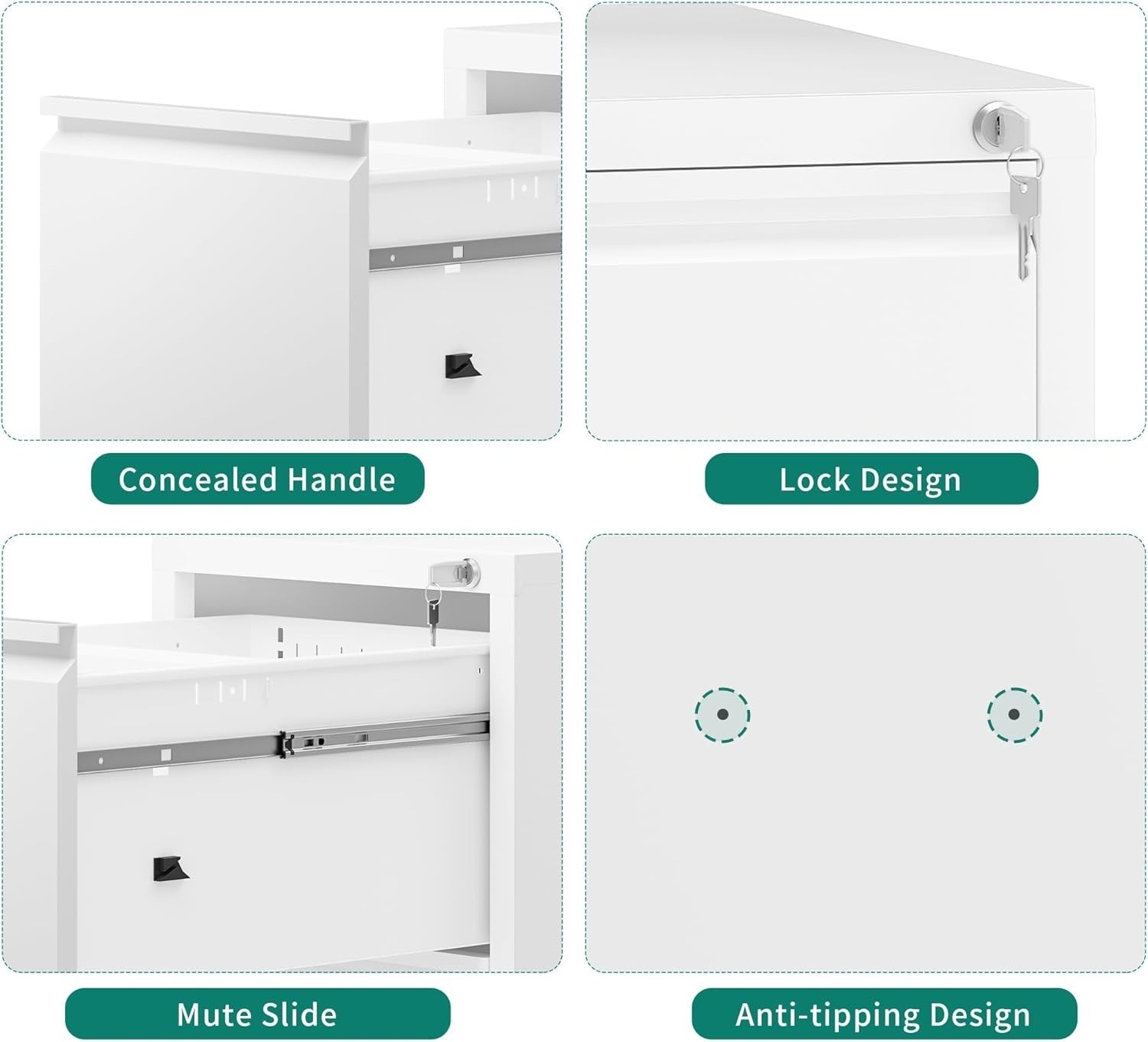 White 4 Drawer Lockable File Cabinet 62x45x133cm Rolling Steel