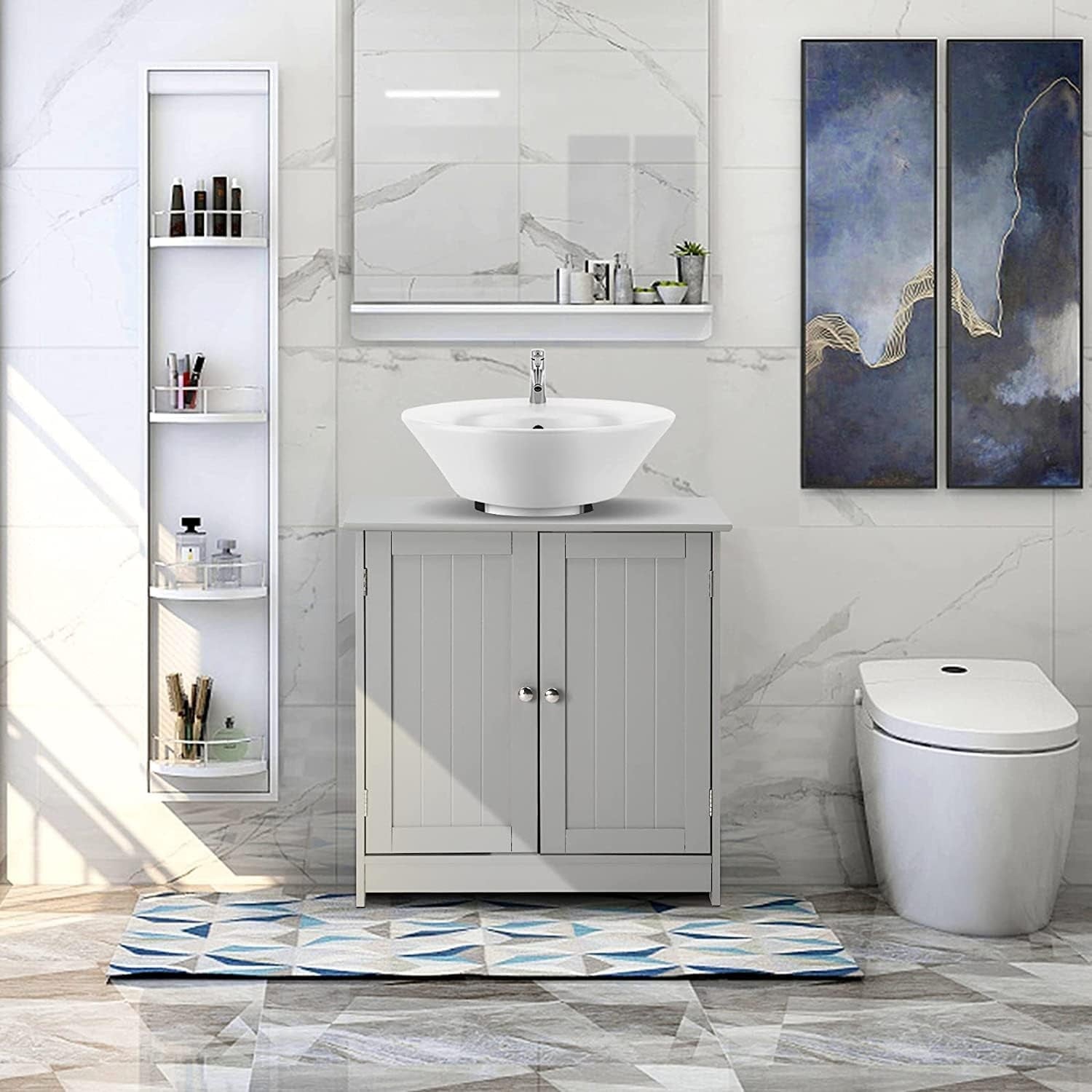 Grey Under Sink Bathroom Cabinet Bamboo Top 2 Door Storage Vanity Unit