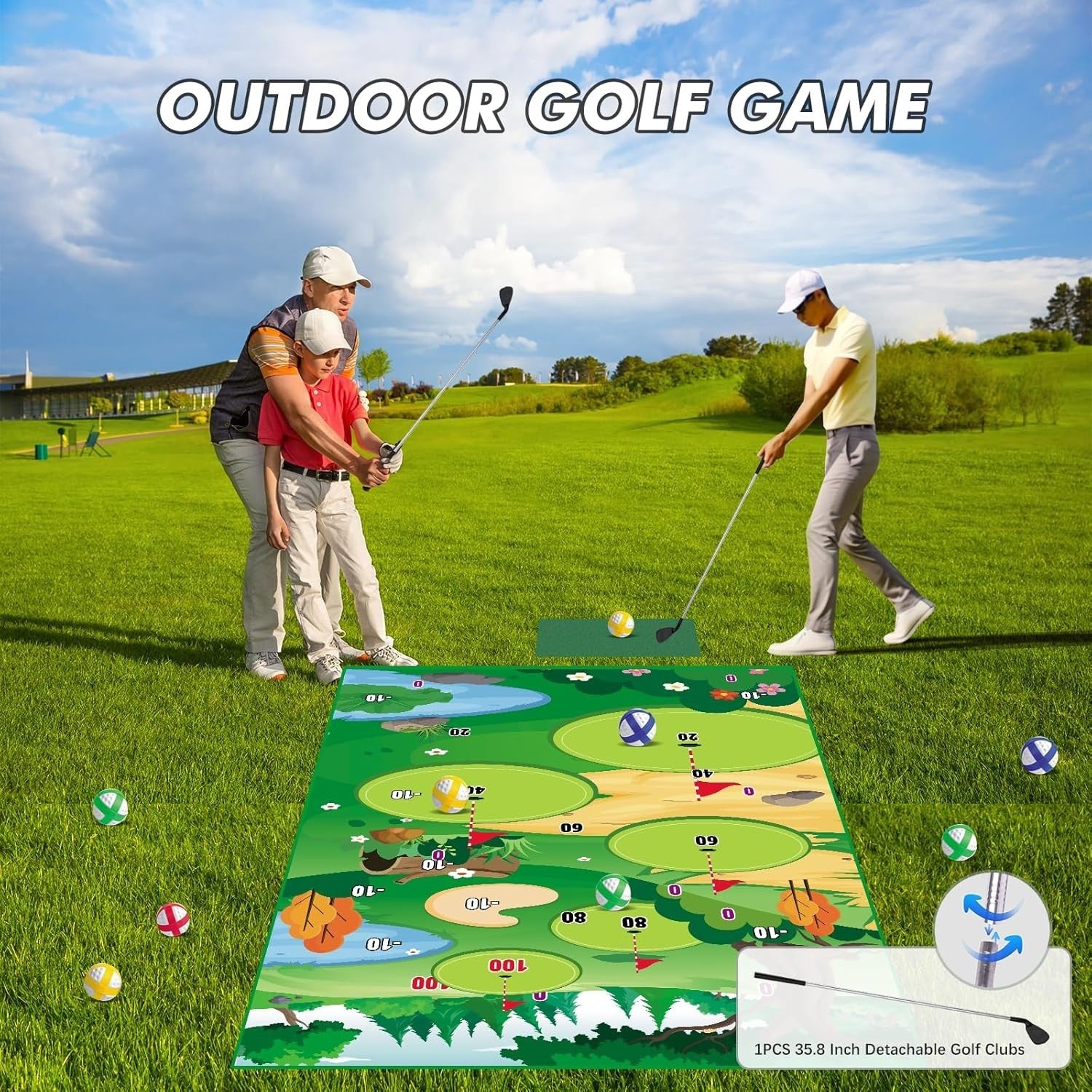 Golf Chipping Game Mat Set Indoor Outdoor Practice Kit Kids Adults