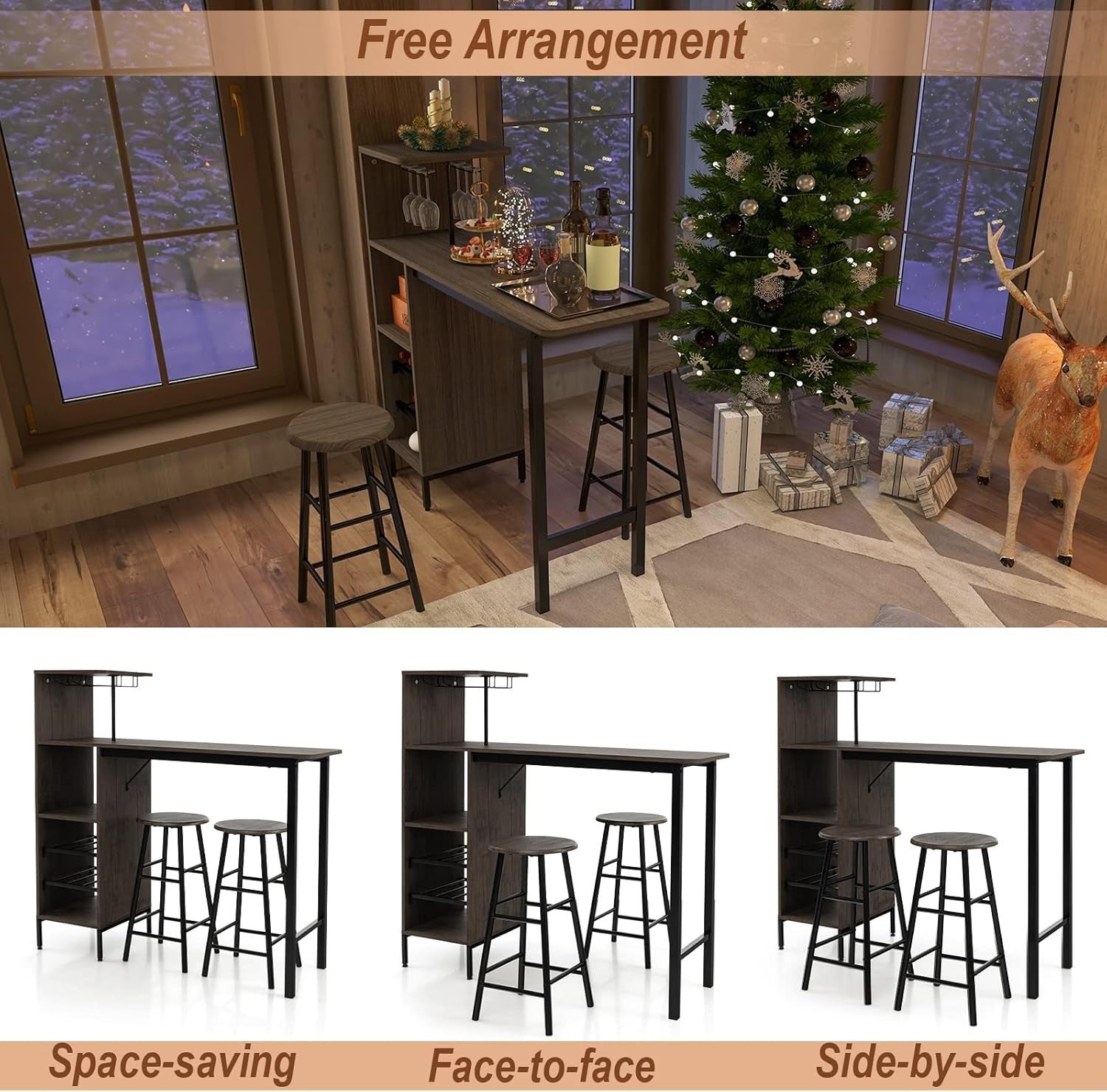 Brown Bar Table Set with Stools, Wine Rack, Glass Holders & Storage Shelves