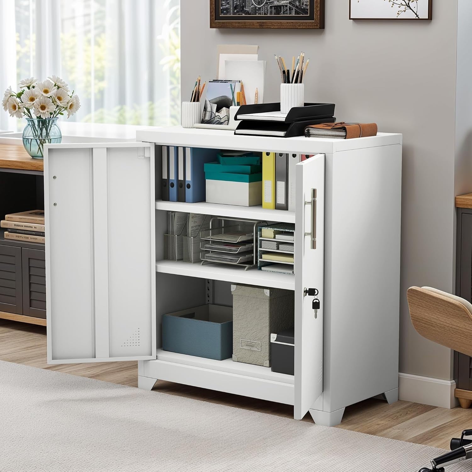 Lockable Metal Office Storage Cabinet with 2 Adjustable Shelves, 80x40x90cm