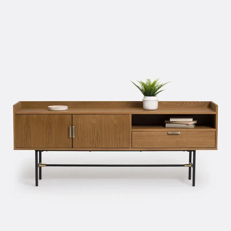 Vintage Walnut Sideboard with Drawer & Doors – Black Steel Legs 180cm