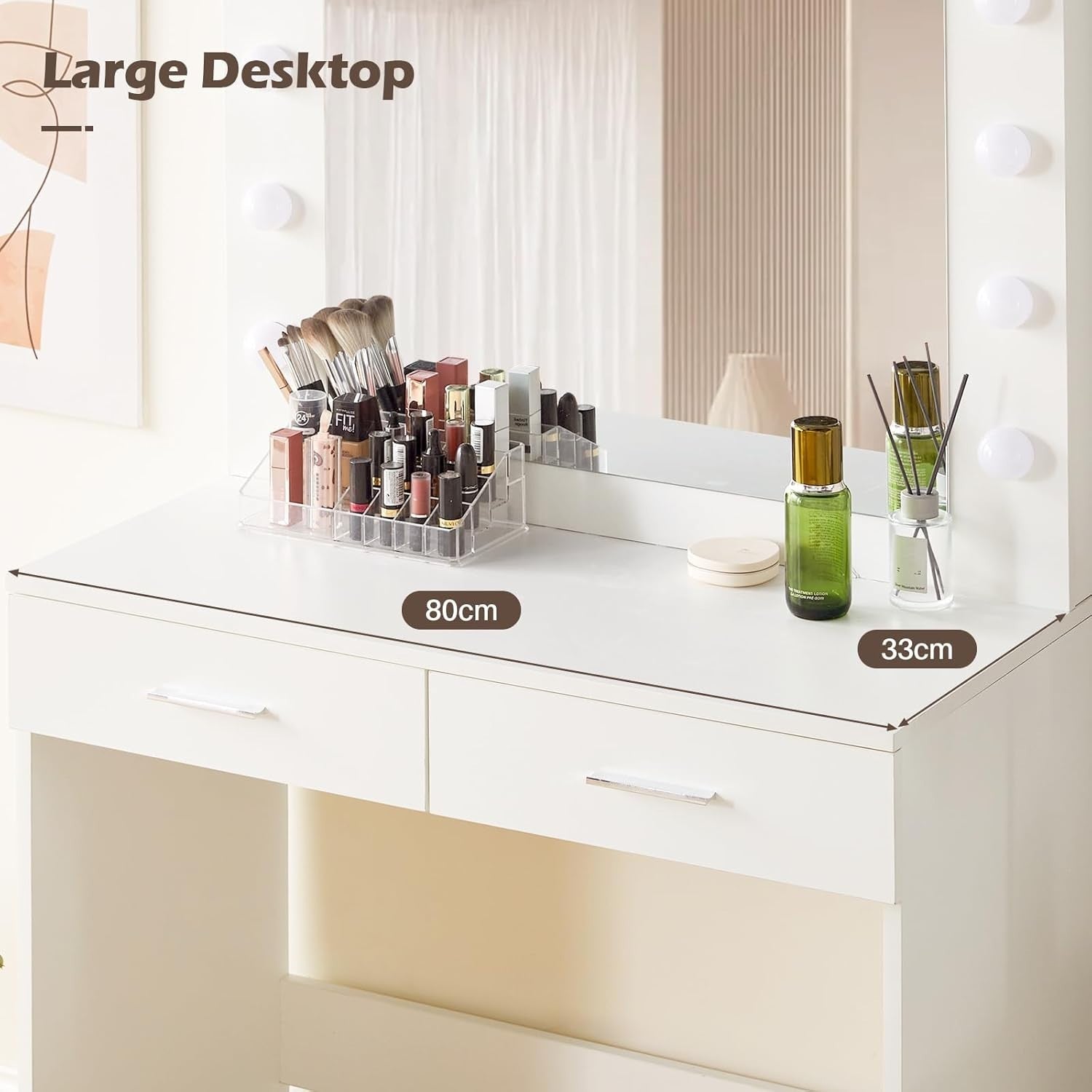 White LED Vanity Dressing Table Makeup Desk Stool Set 2 Drawers Storage Mirror