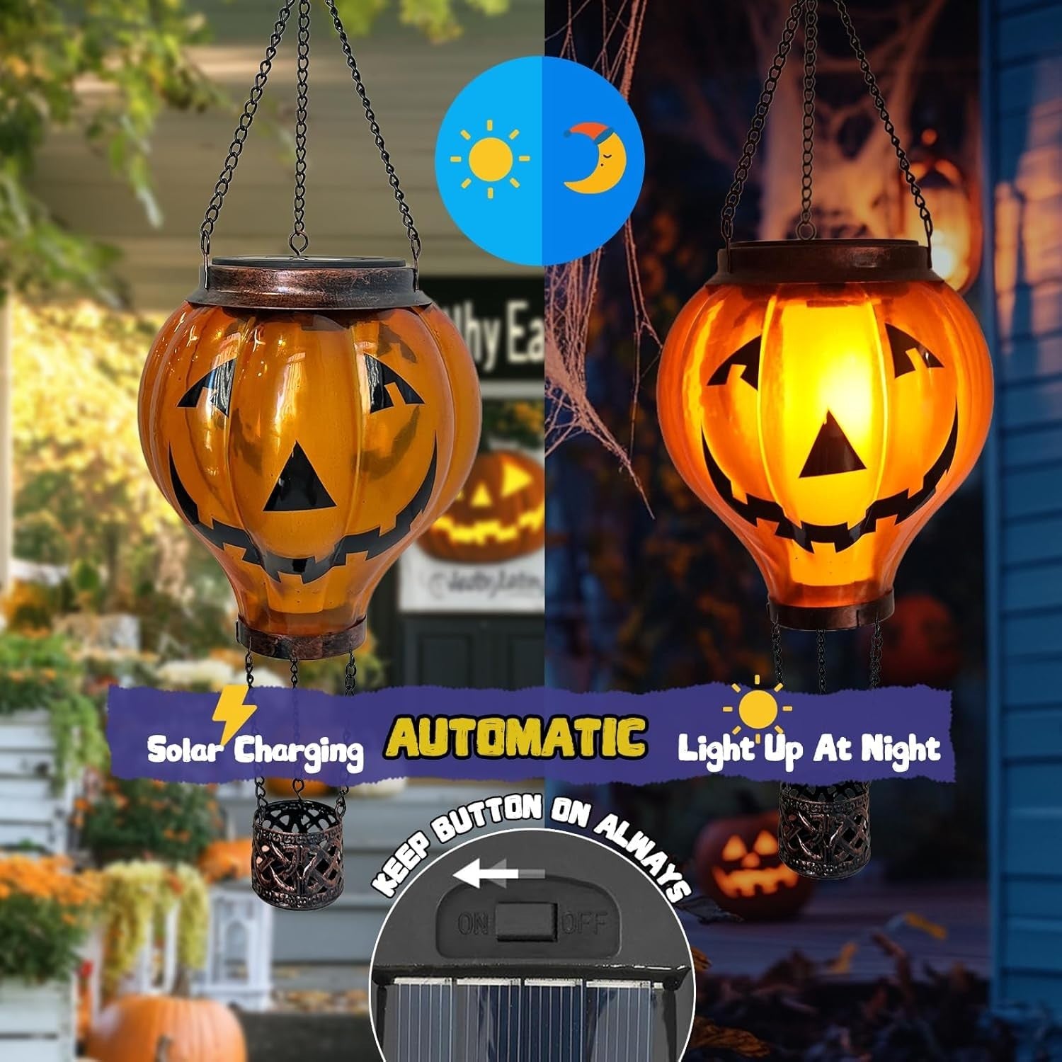 Halloween Pumpkin Hot Air Balloon Solar Lantern LED Flicker Light Outdoor Decor