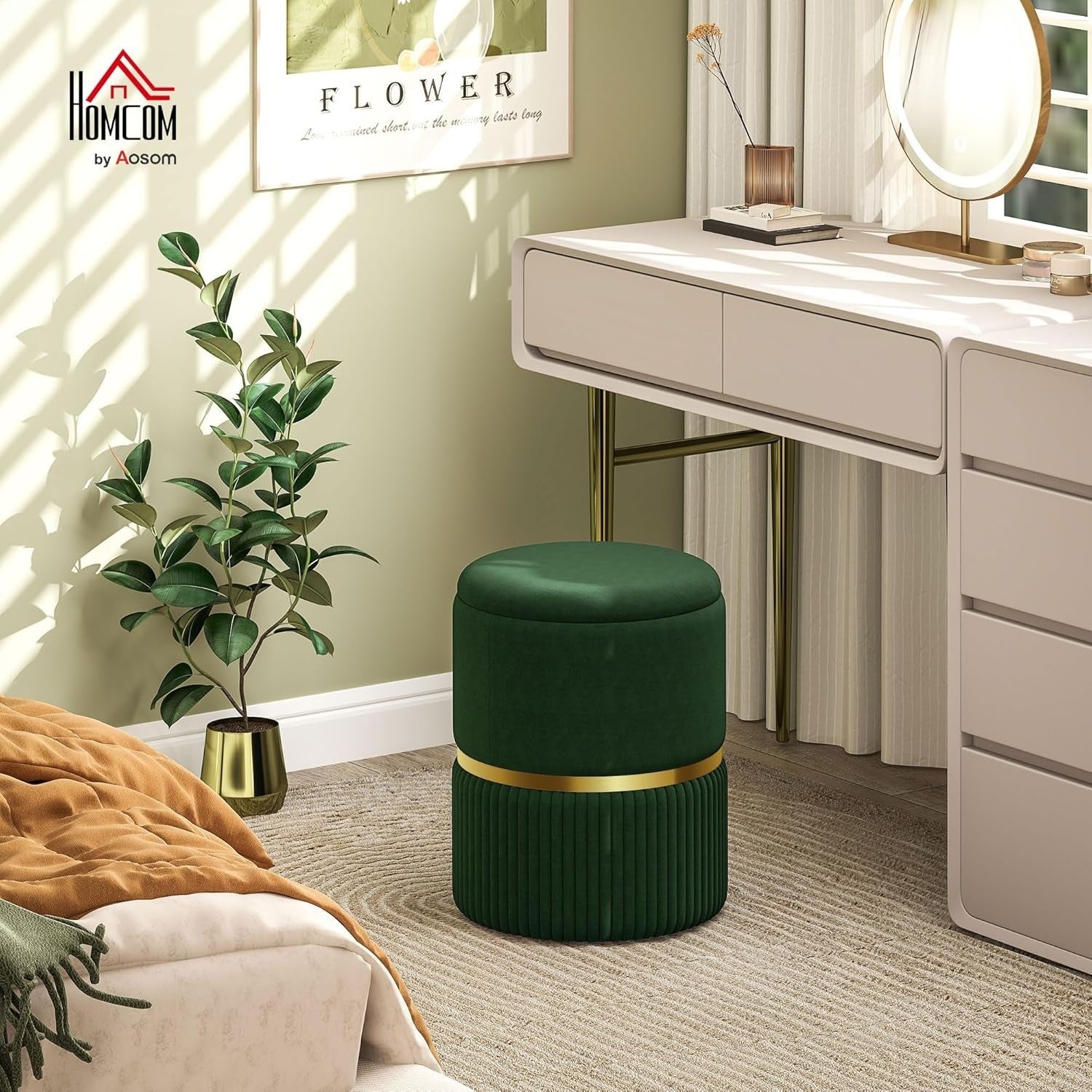 Dark Green Velvet Round Storage Stool – Padded Ottoman with Hidden Space
