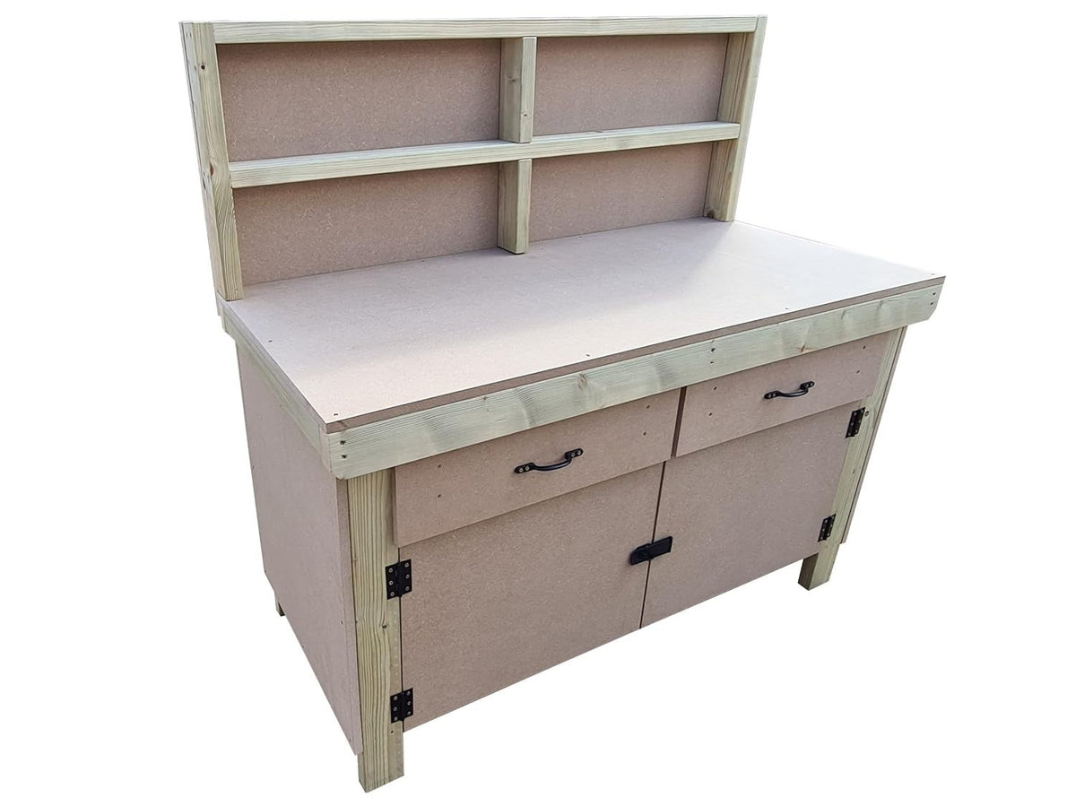 5ft Wooden Workbench with Drawers, Lockable Cupboard & Back Panel – 18mm MDF Top