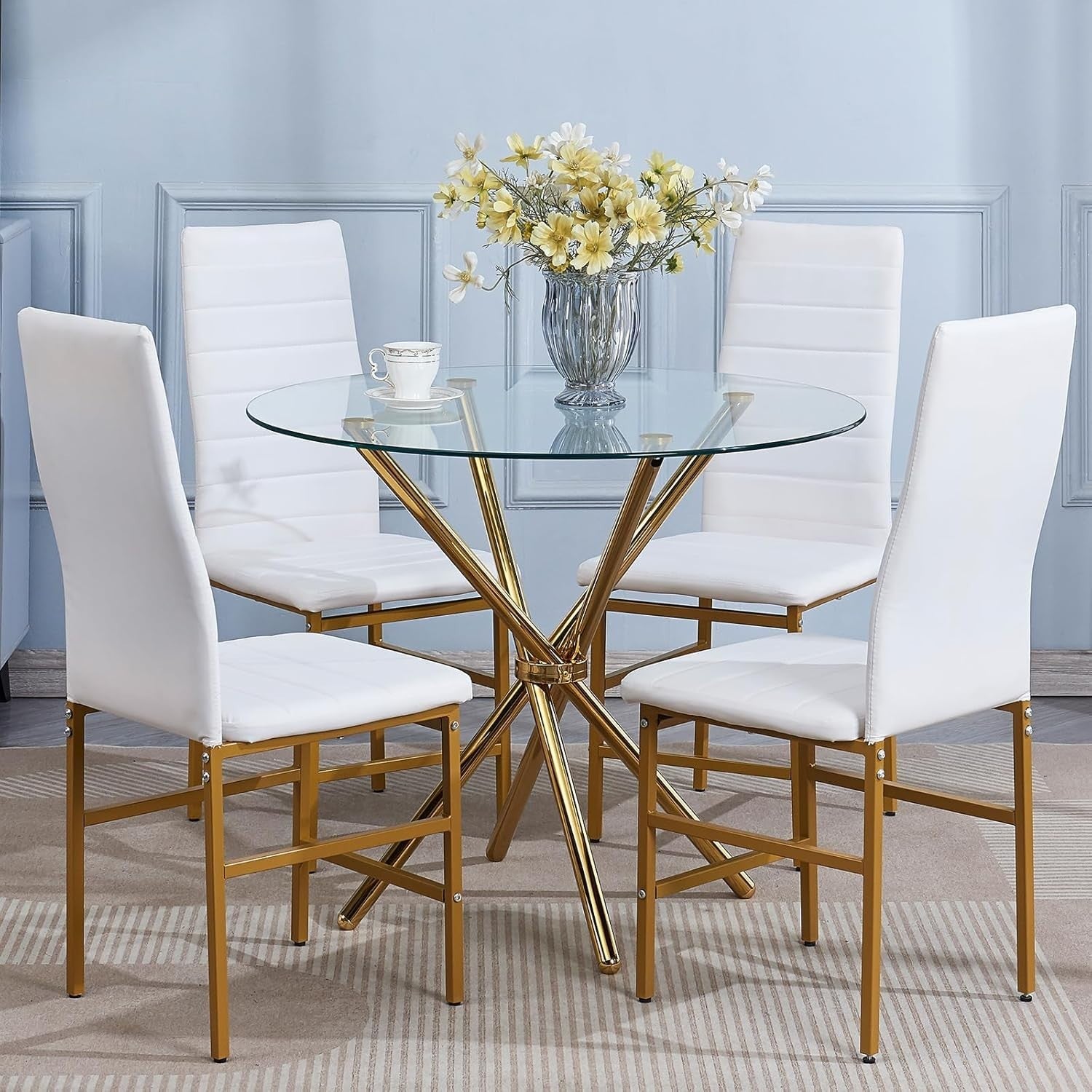 Gold Round Glass Dining Table Set 4 Chairs Faux Leather Compact Design