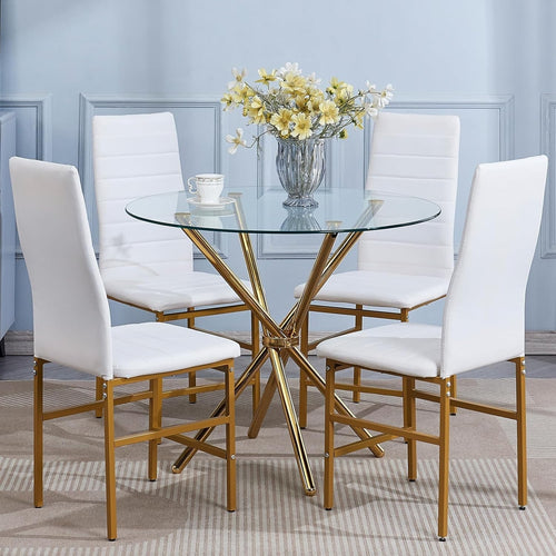 Gold Round Glass Dining Table Set 4 Chairs Faux Leather Compact Design