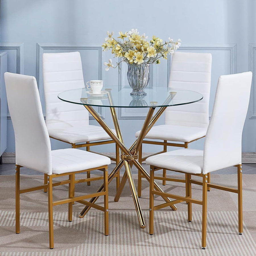 Gold Round Glass Dining Table Set 4 Chairs Faux Leather Compact Design