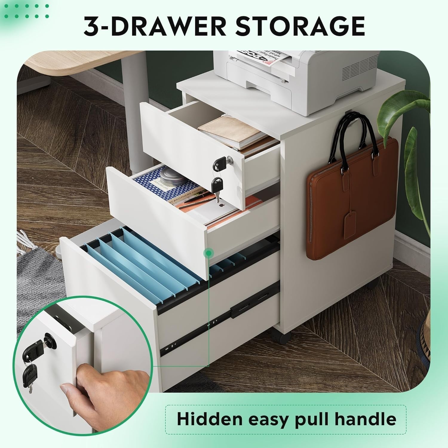 White 3 Drawer Lockable Filing Cabinet on Wheels – A4 Home Office Storage Unit