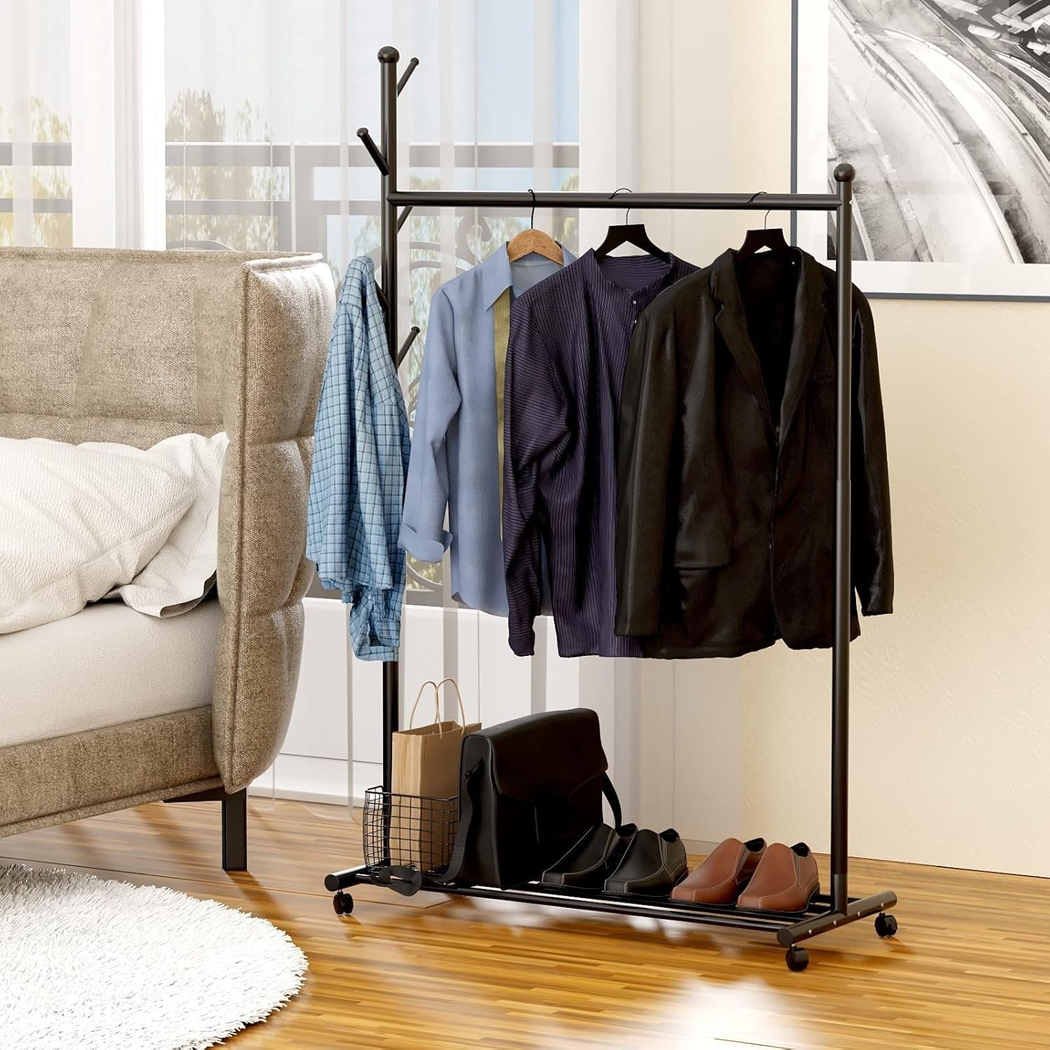 Heavy Duty Clothes Garment Rack with Shelf Wheels Metal Black