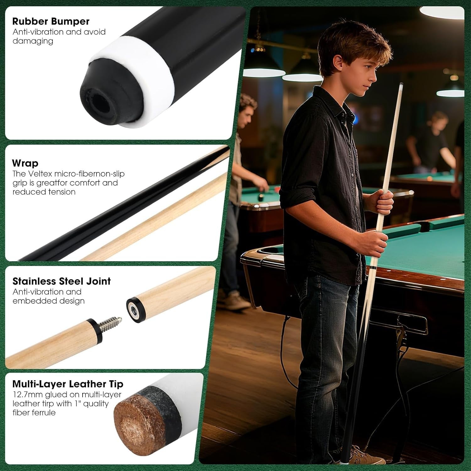 2 Pack Maple Pool Cue Sticks 58 Inch 13mm Tip 18oz 2 Piece Set