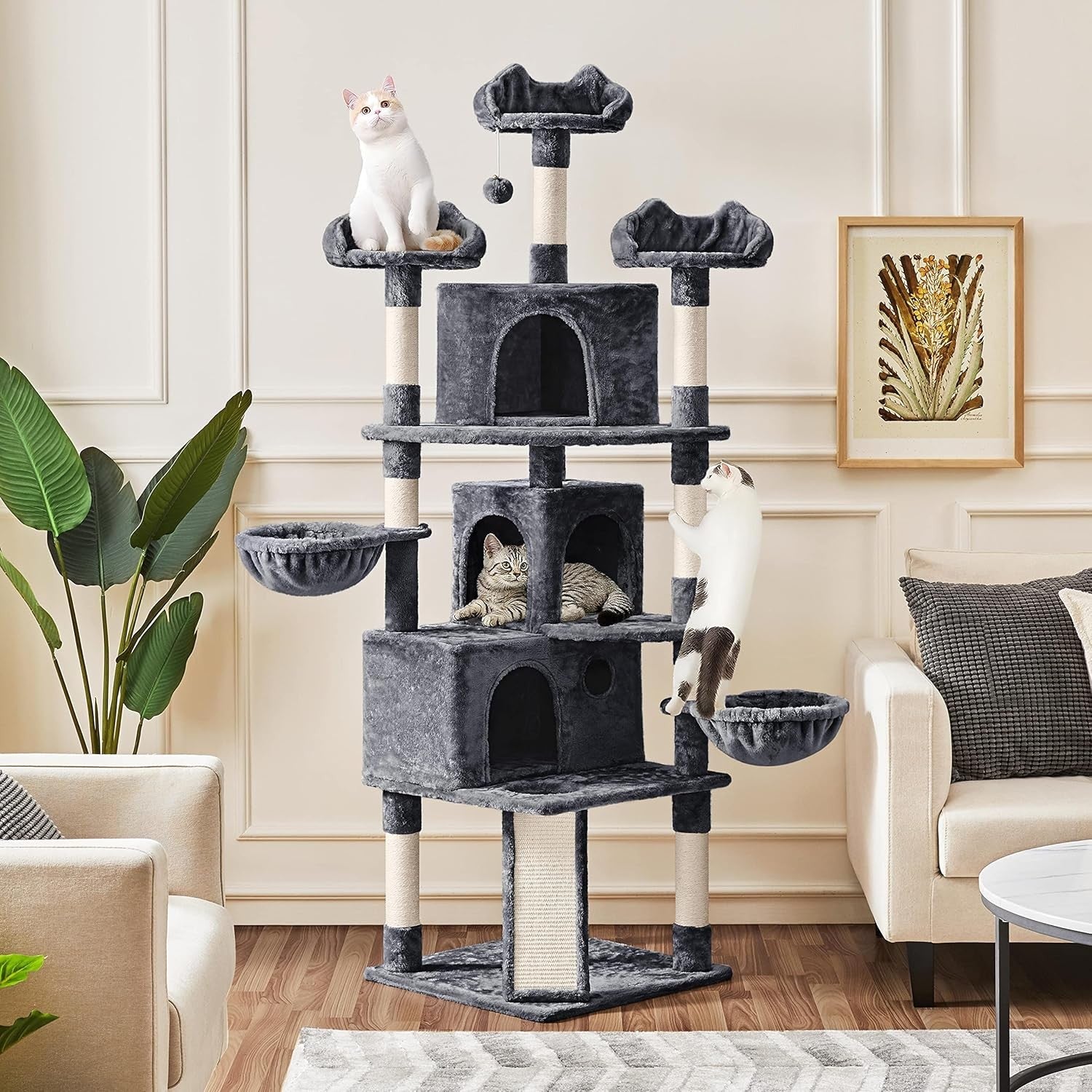 194cm Dark Grey Cat Tree Tower with Condos Baskets Scratching Posts