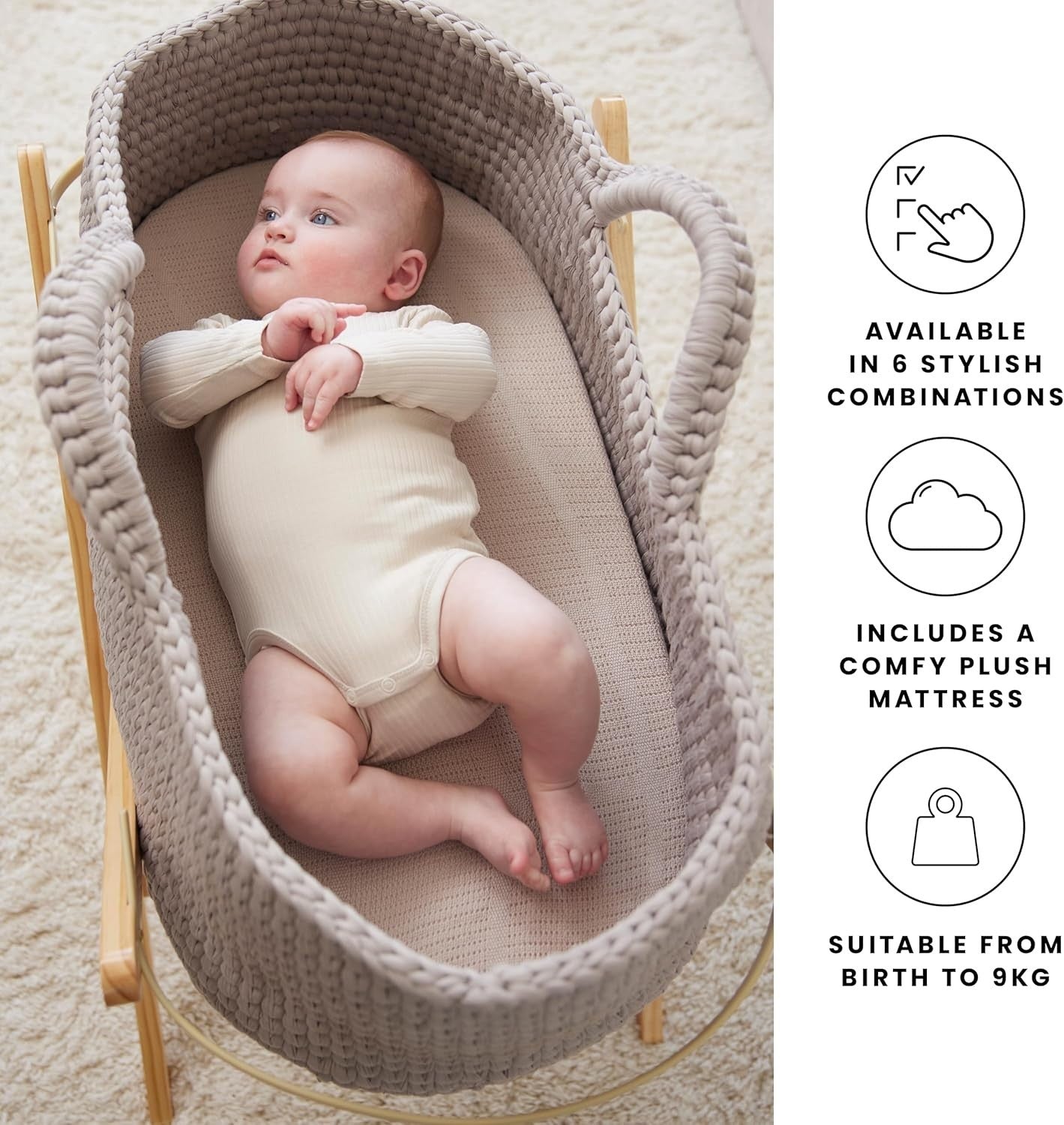 Crochet Moses Basket with Foldable Stand & Mattress Lightweight Portable