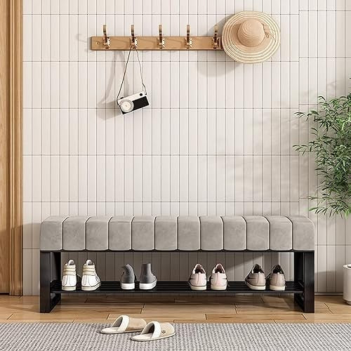 MARIYCH 2-Tier Velvet Shoe Bench with Padded Seat – Entryway & Bedroom Rack