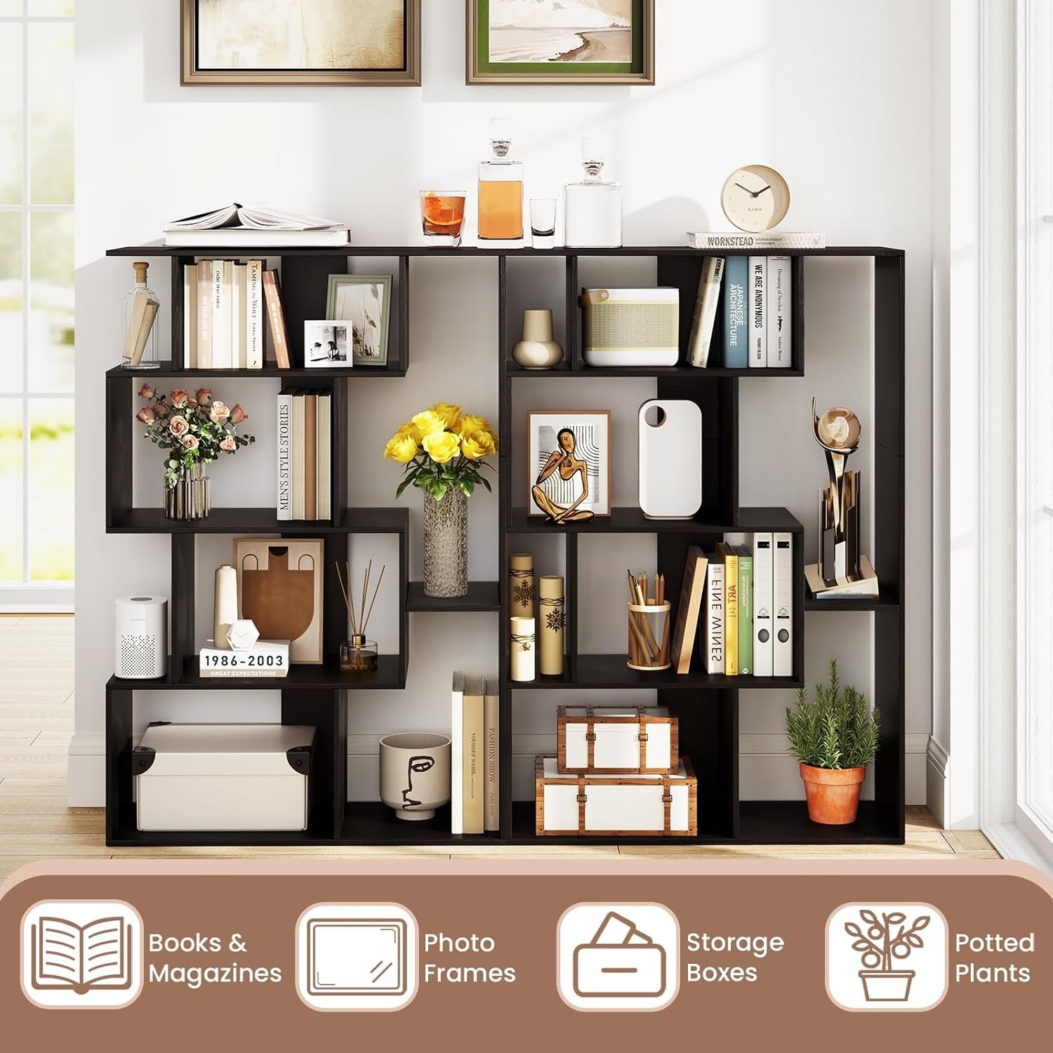 Modern 6-Cube S-Shape Bookcase Storage Unit with Anti-Tip Design for Living Room