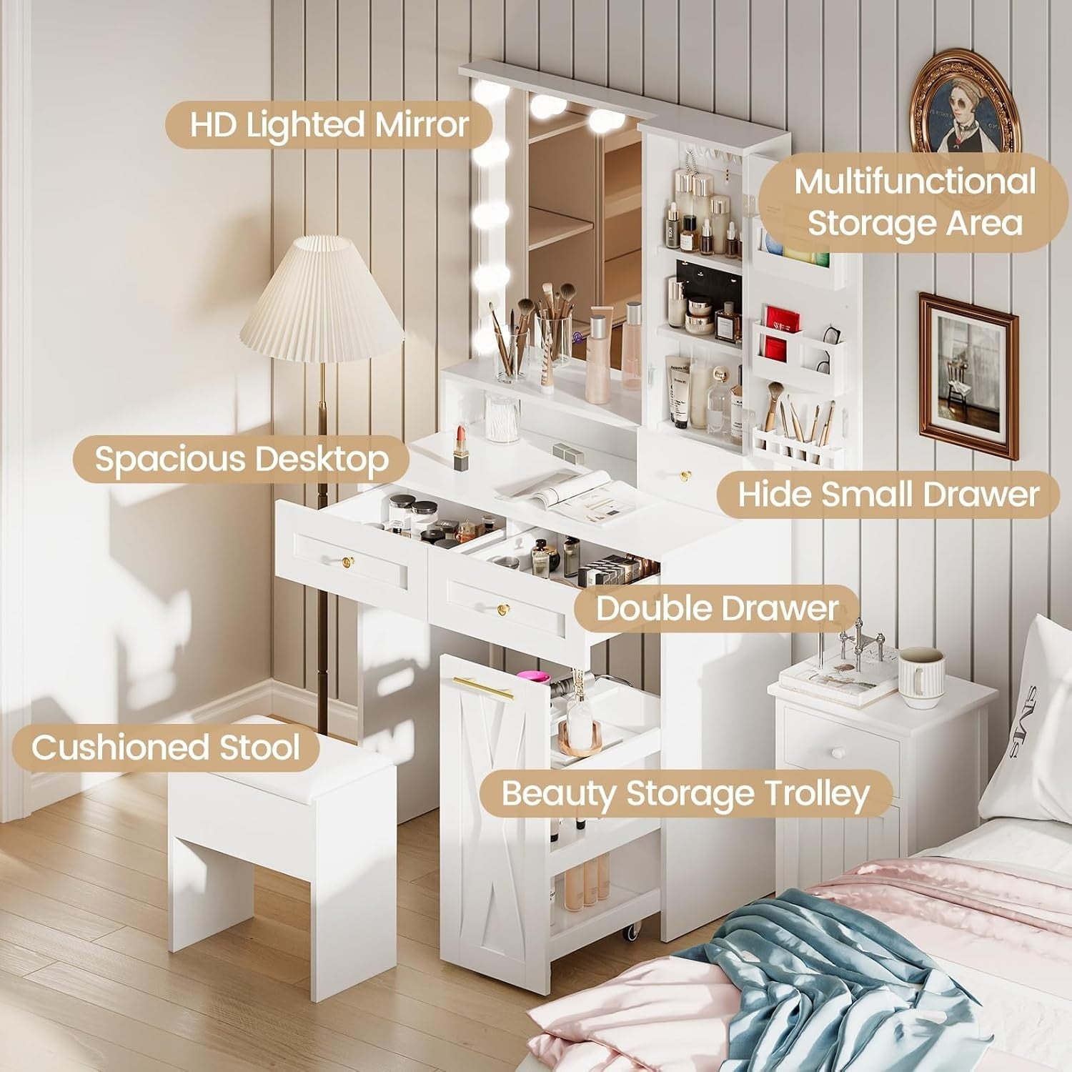 Vanity Table Desk Set w/ LED Mirror USB Ports Stool Drawers Mobile Cart White