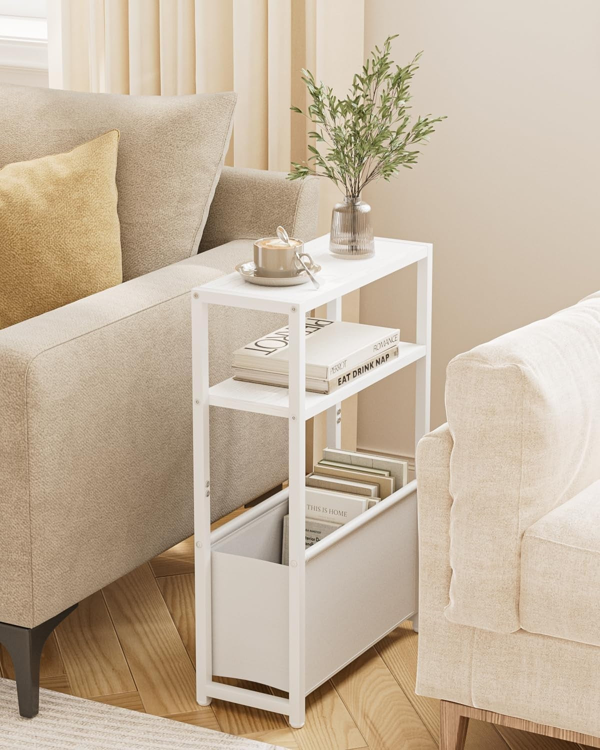 Slim White Side Table with Storage, Space-Saving Design for Small Spaces