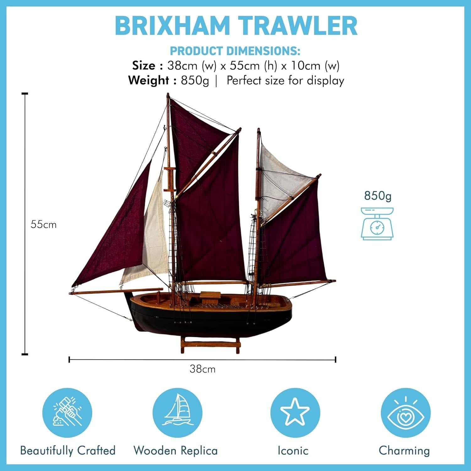 Brixham Trawler Model Yacht 55cm Sailing Boat Decor | Wooden Fishing Ship