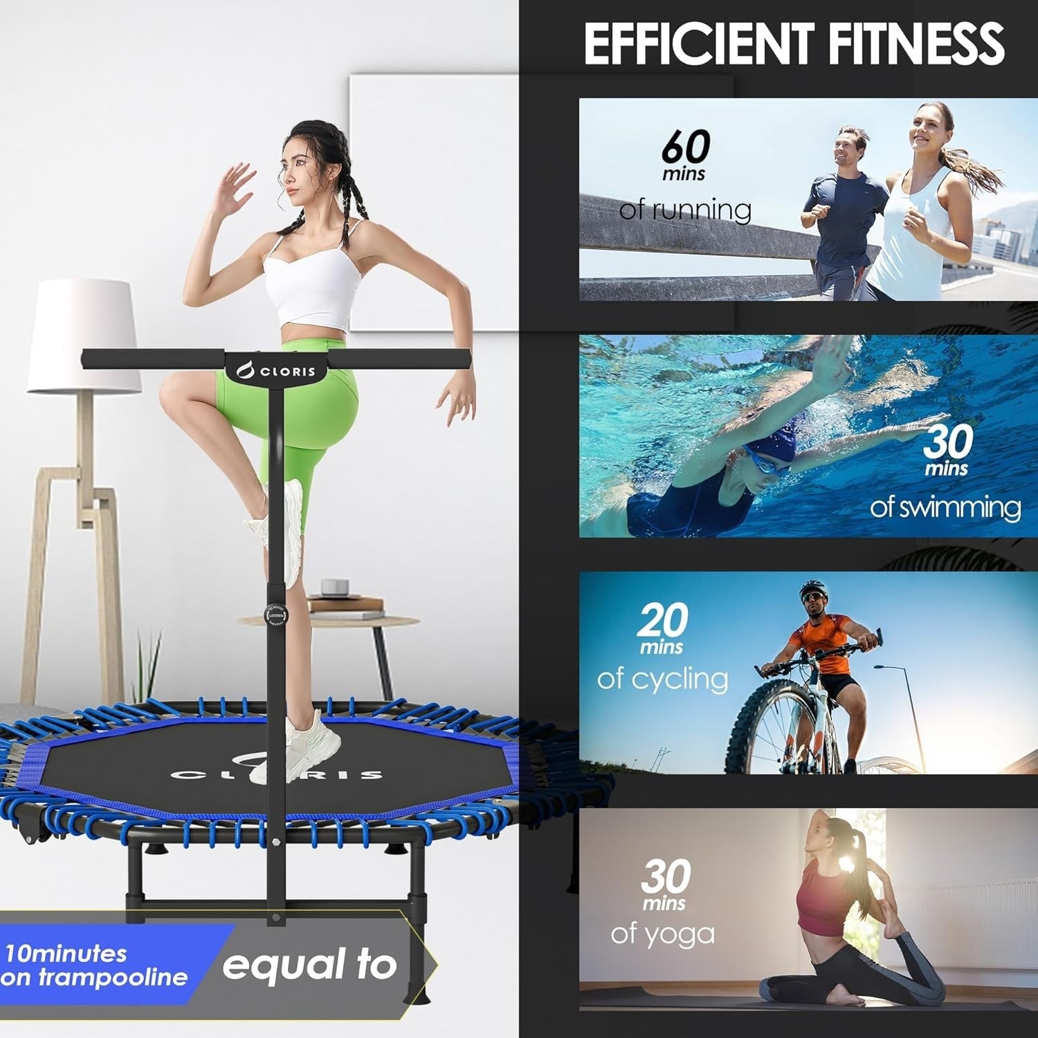 48” Foldable Fitness Trampoline Rebounder Adjustable Handle 450lbs
