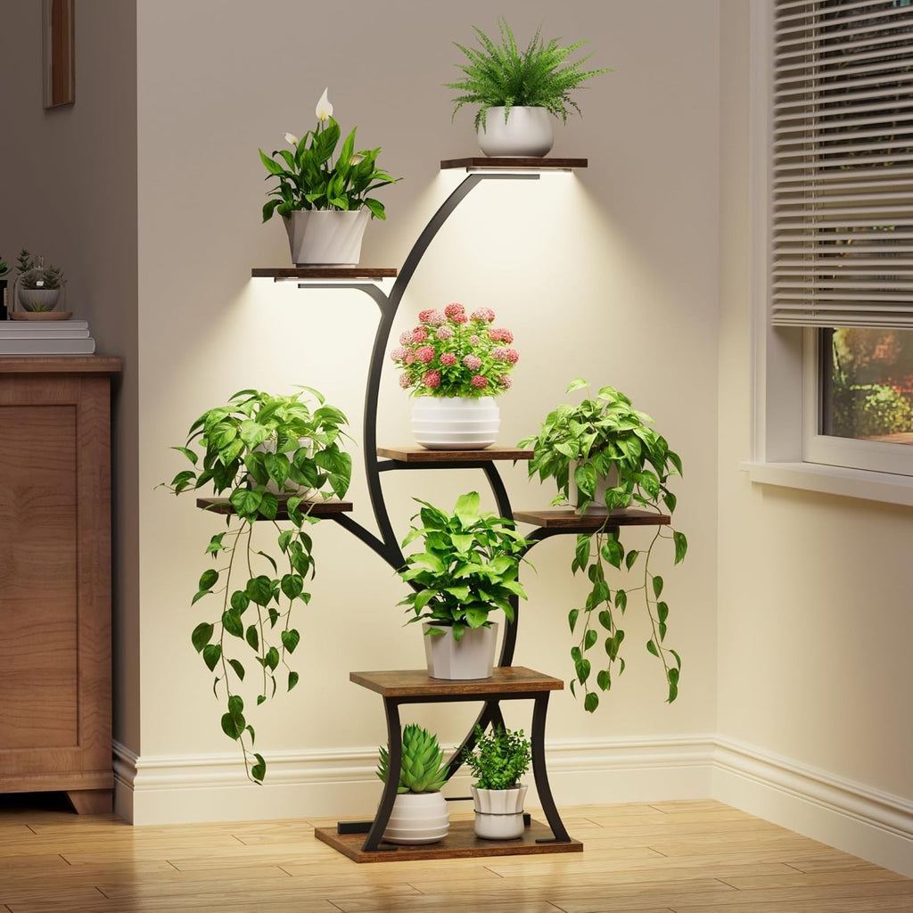 7 Tier Metal Plant Stand with Grow Lights Indoor Corner Tall Flower Shelf Rack