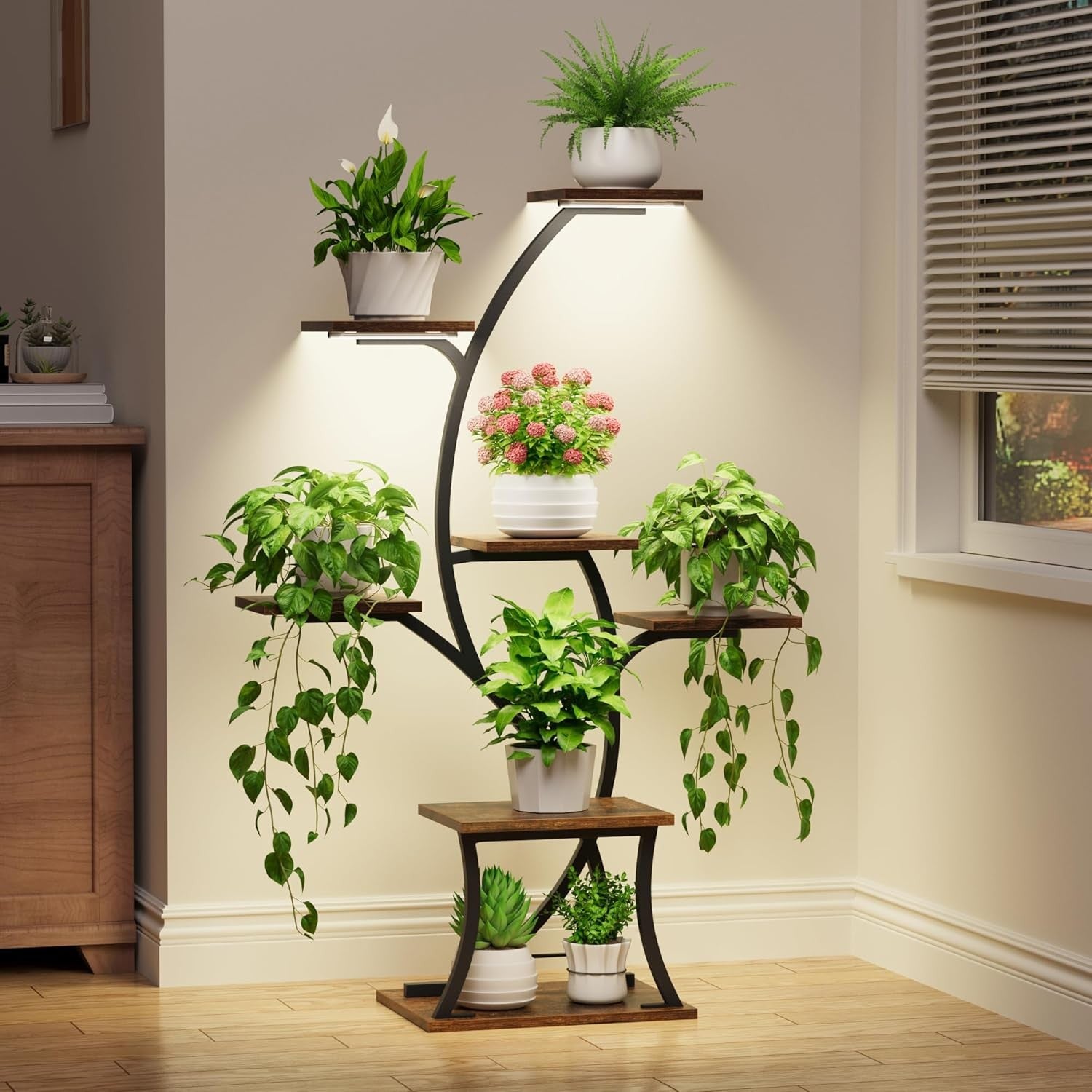 7 Tier Metal Plant Stand with Grow Lights Indoor Corner Tall Flower Shelf Rack
