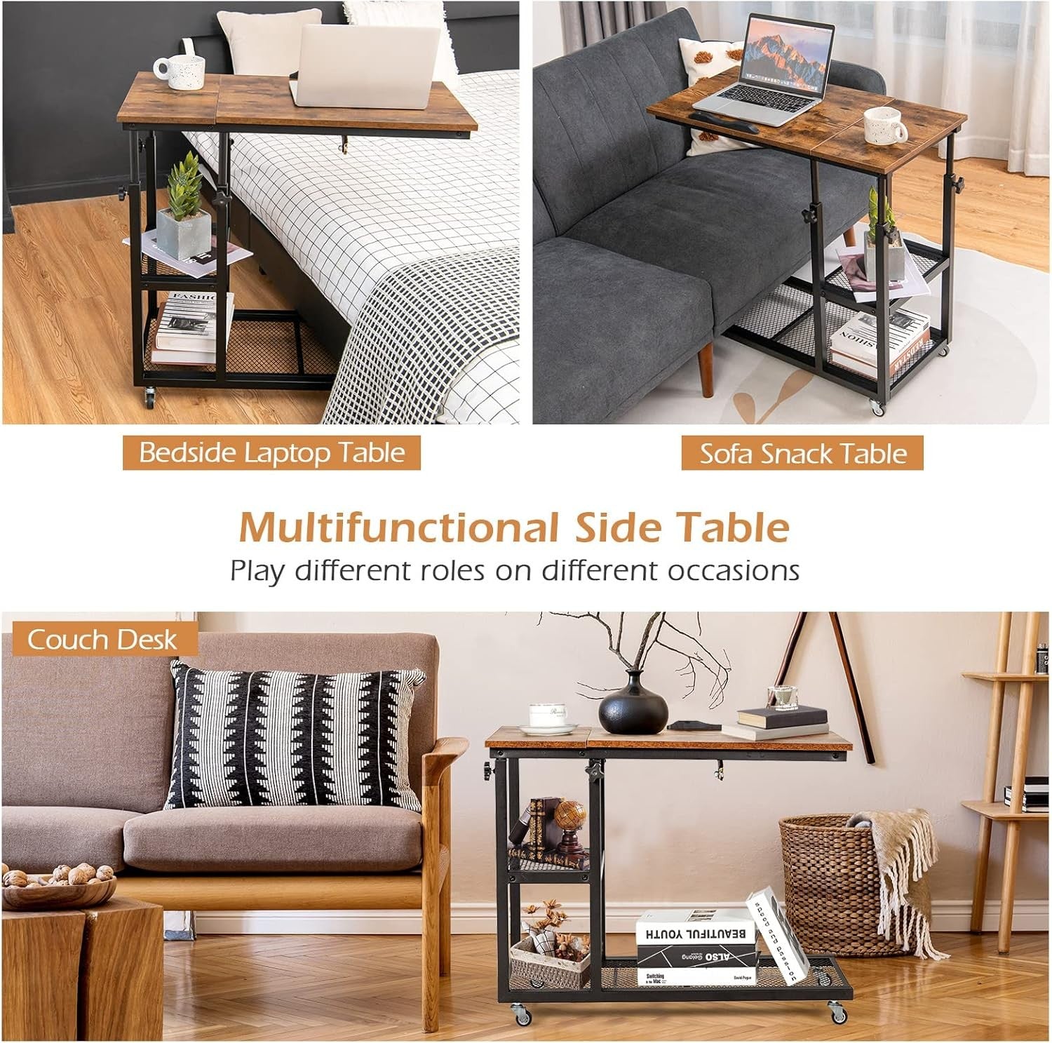 Rustic Brown Overbed Table with Wheels Adjustable Sofa Side Laptop Desk