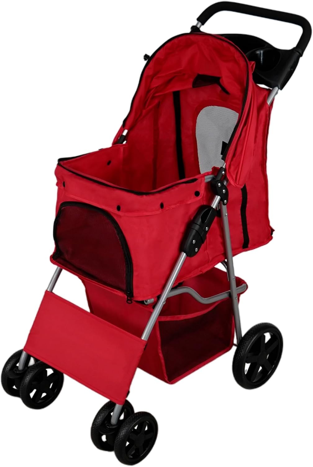 Red Pet Stroller Pushchair Foldable Dog Cat Pram 15kg with Brakes
