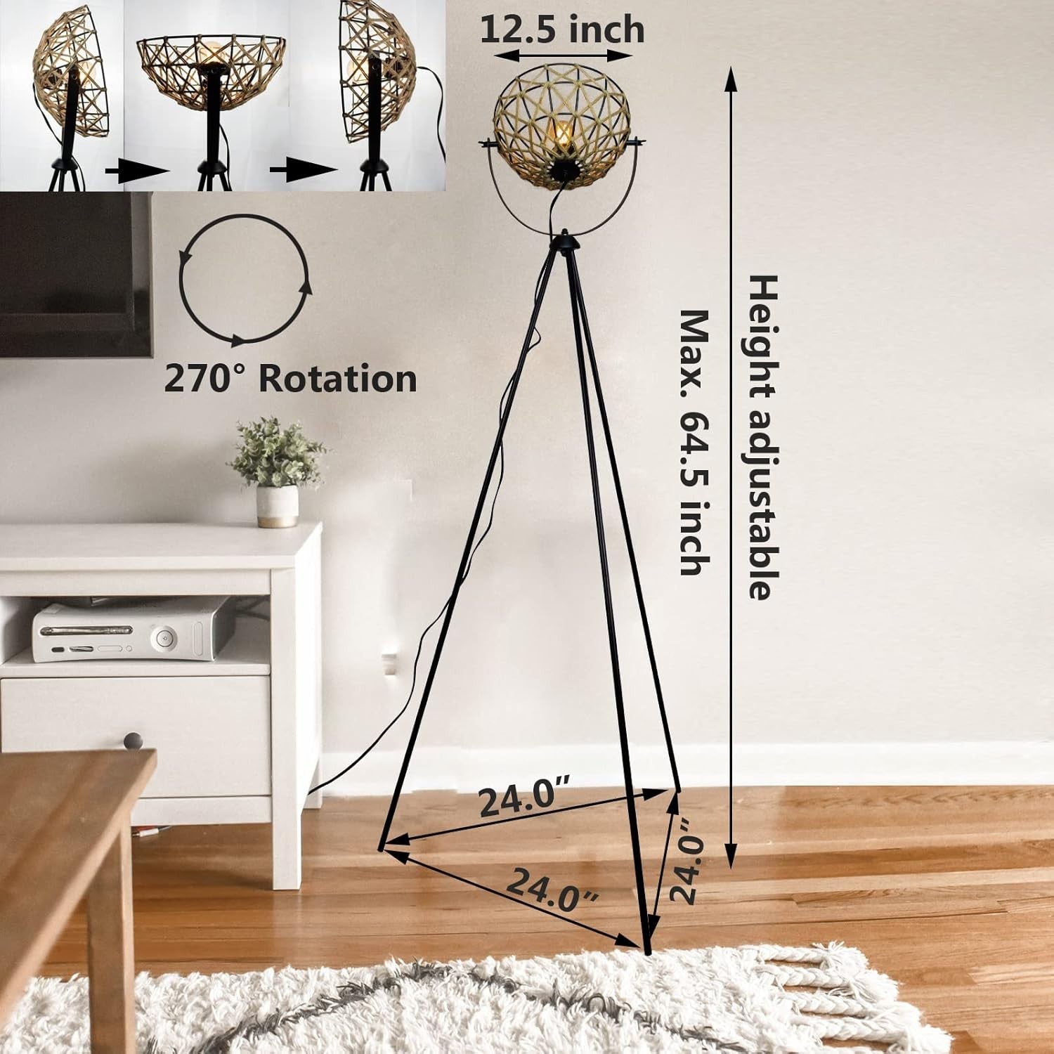 Rattan Floor Lamp Tripod Woven Shade Modern Corner Standing Light E27