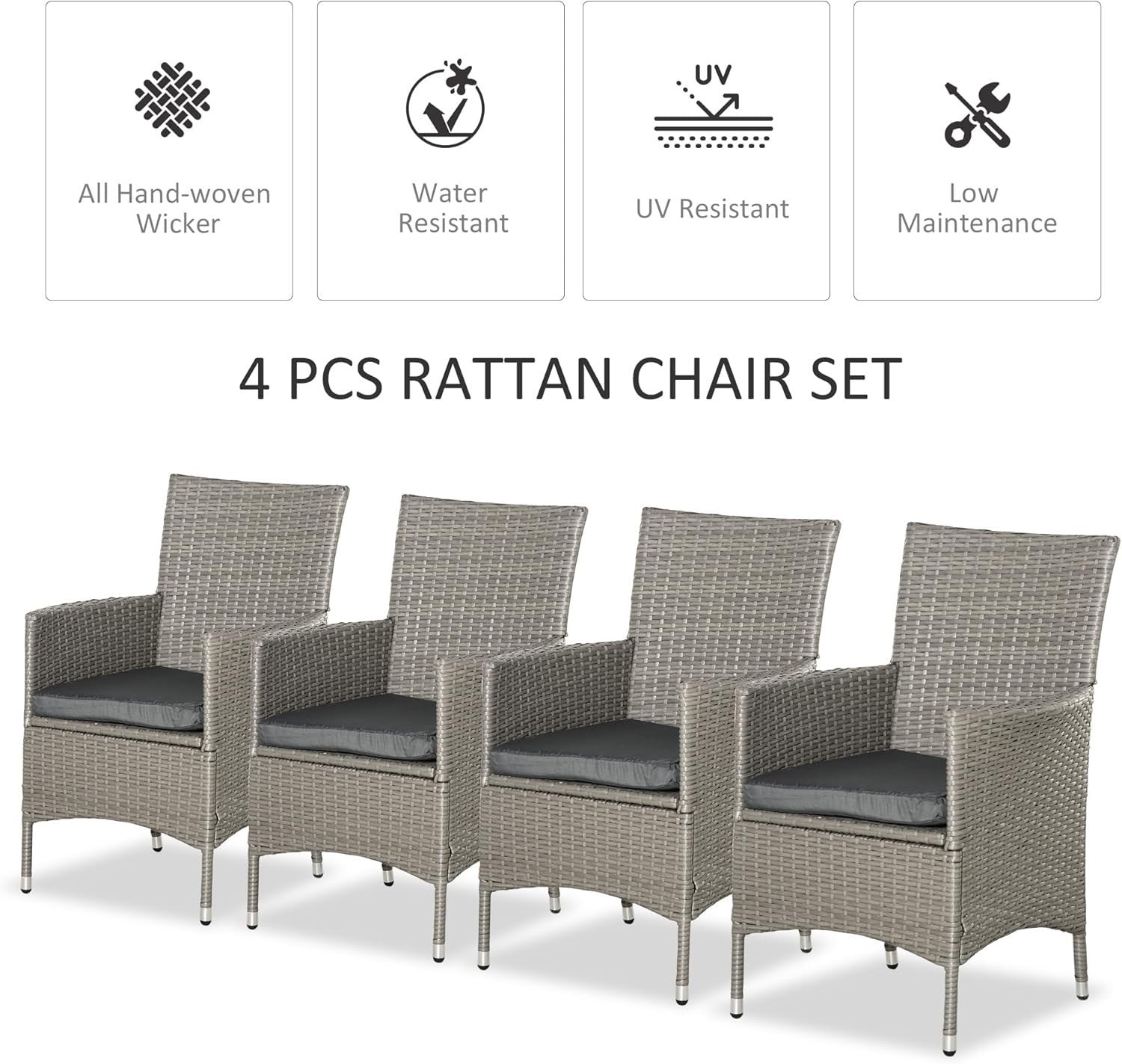 Set of 4 Rattan Garden Dining Chairs with Cushions High Back Patio Seating
