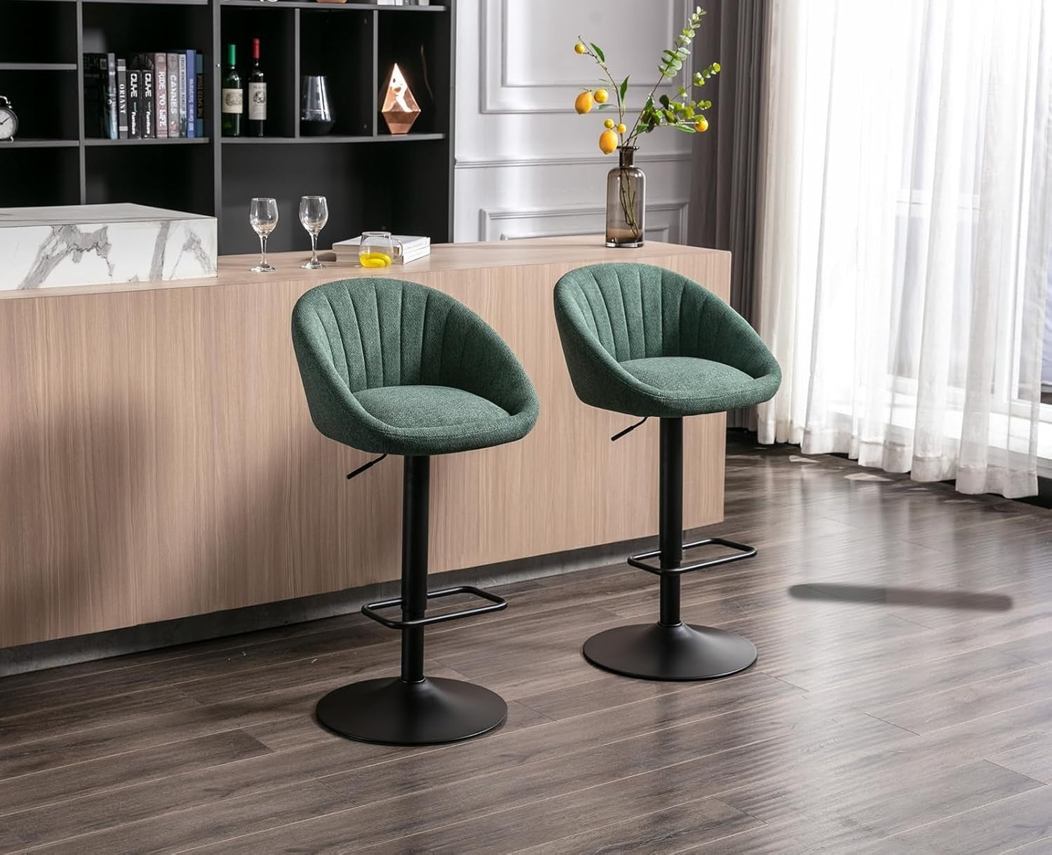 Set of 6 Green Fabric Bar Stools Adjustable Swivel Counter Chairs