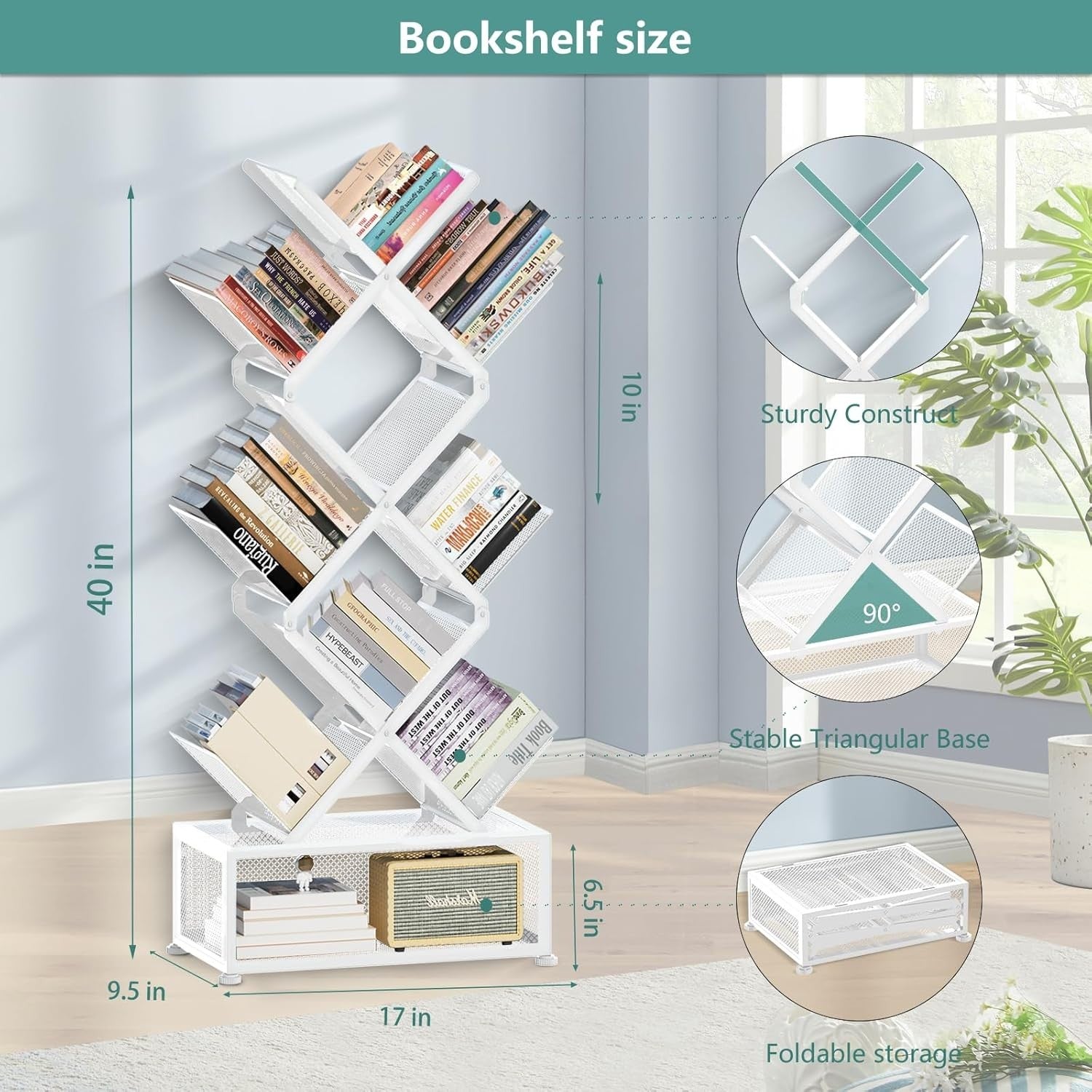 9 Tier Folding Tree Bookcase Metal Corner Bookshelf Free Standing White