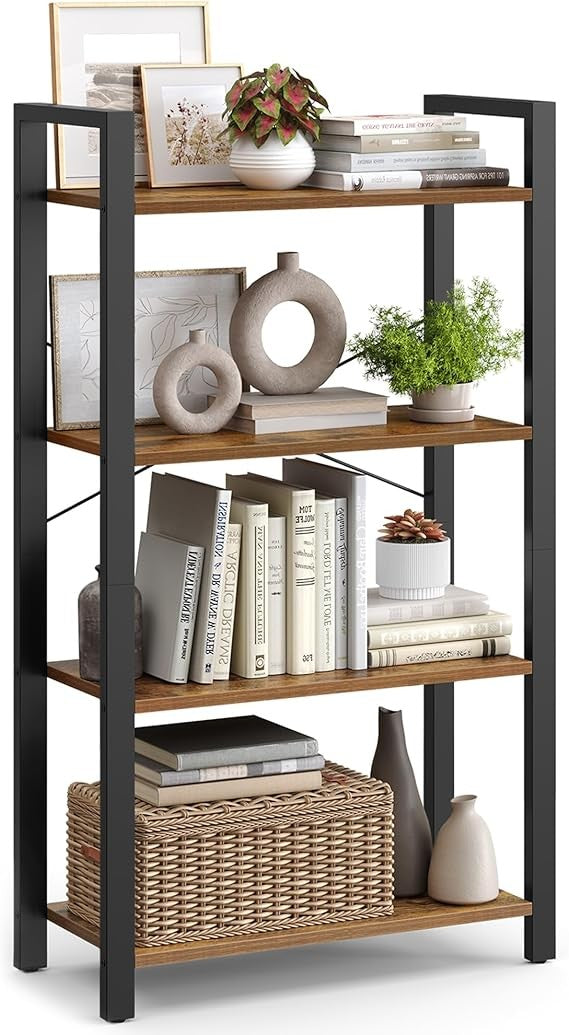 4-Tier Industrial Bookshelf Rustic Storage Unit Metal Wood Display Rack