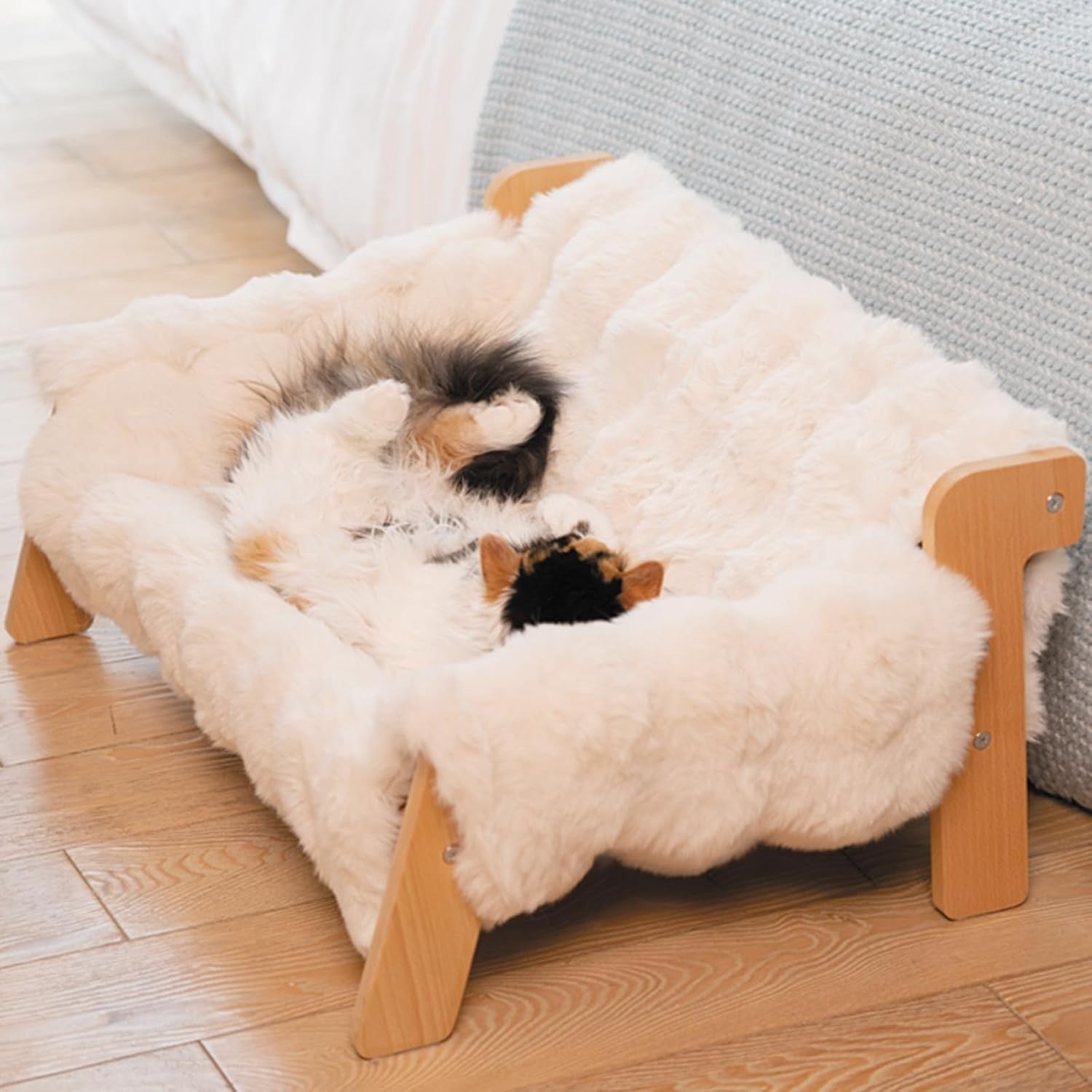 Raised Cat Bed Beech Wood Large Pet Sofa Washable Plush Cover 70cm