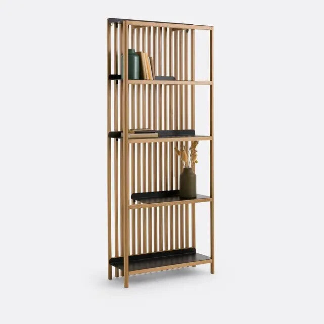 200cm Oak & Metal Slatted Bookcase | Industrial Slim Display Shelves Unit