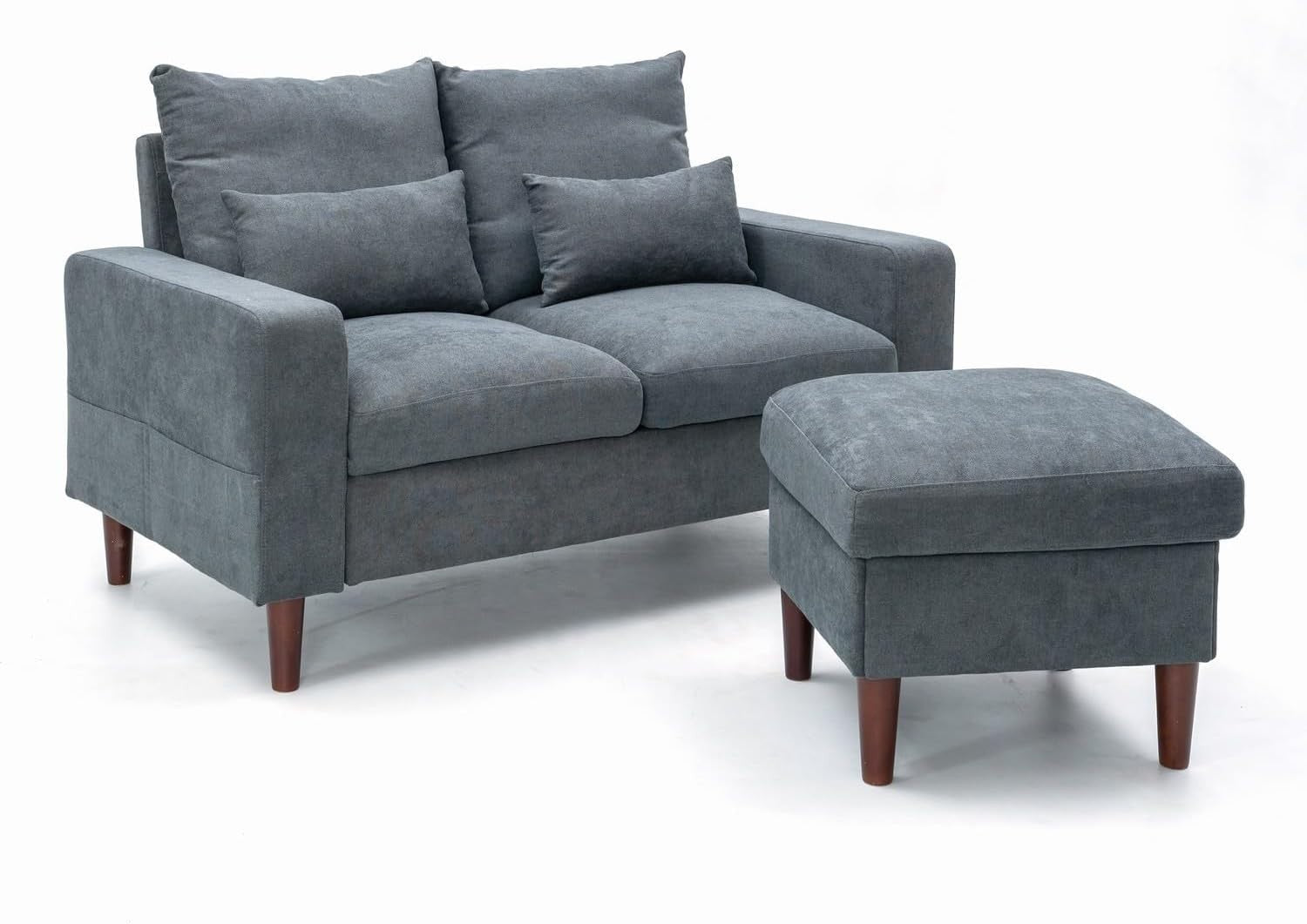 2 Seater Grey Fabric Sofa Couch with Footstool, Small Living Room Ready