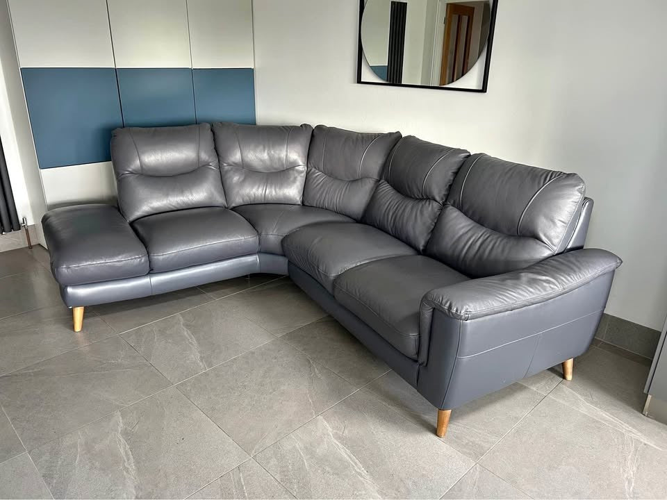 Blueish Grey Leather Corner Sofa (PTP)