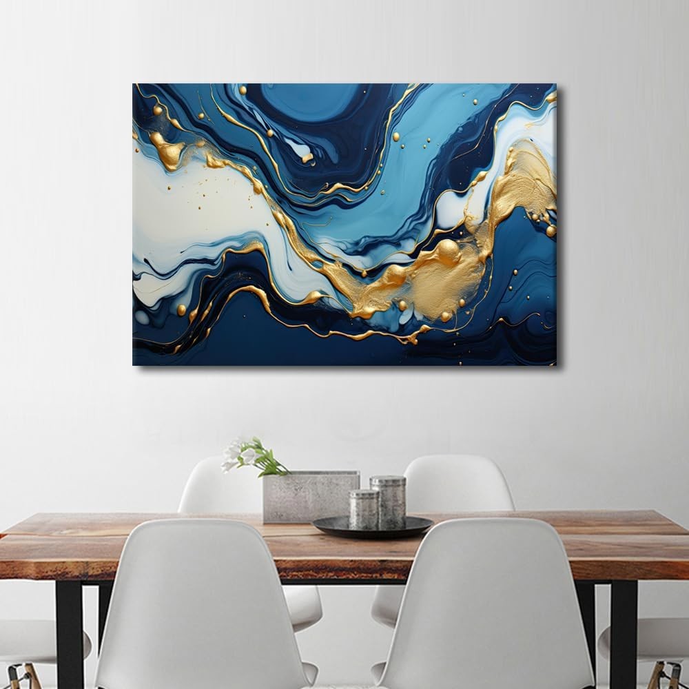 Blue Gold Marble Canvas Wall Art 90x60cm Framed