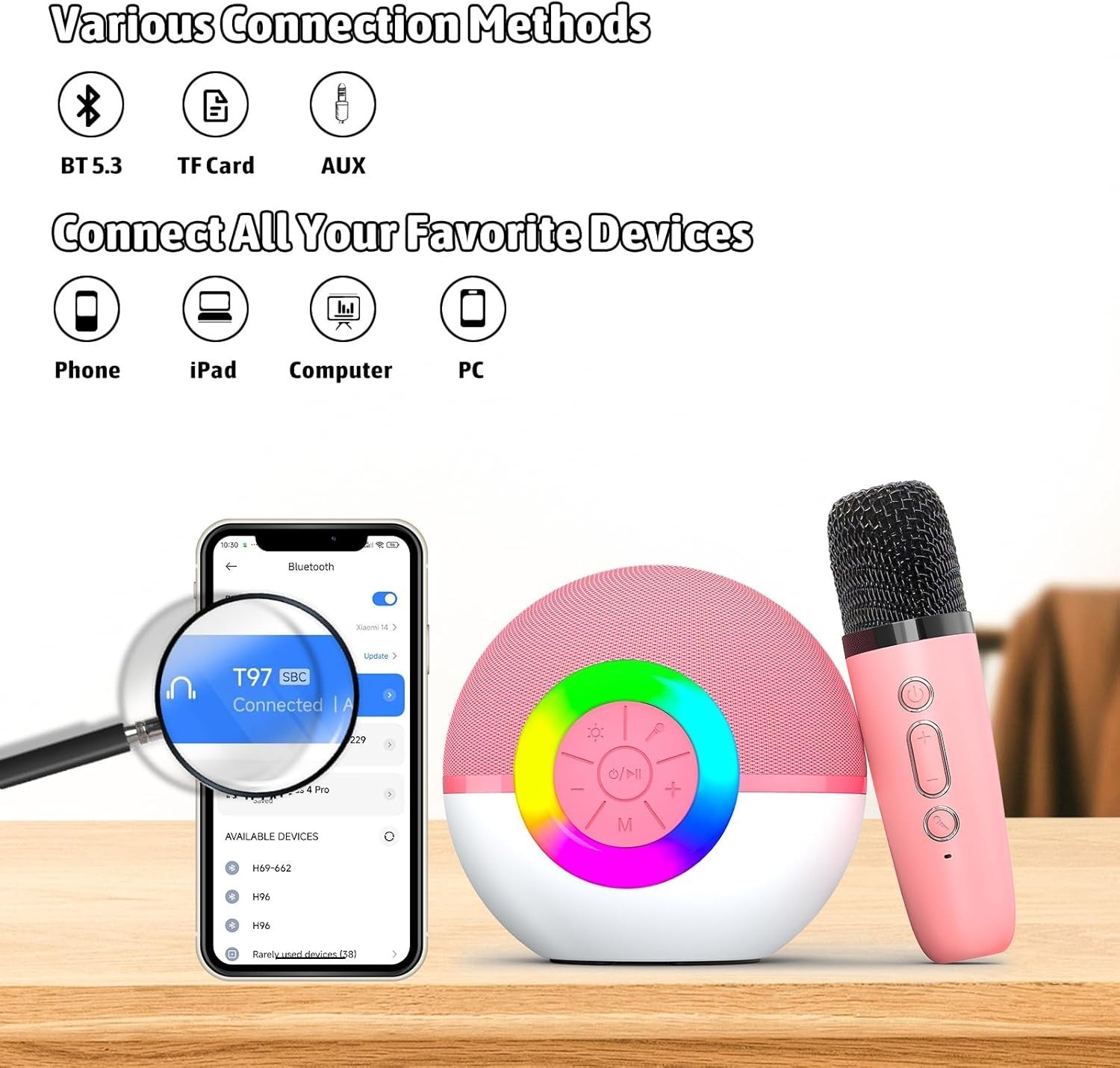 Pink Mini Karaoke Machine 1 Wireless Mic LED Voice Changer