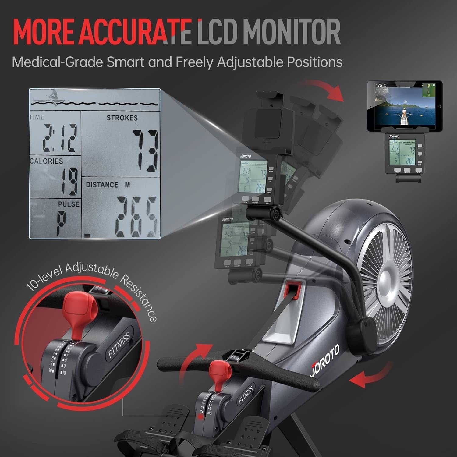 Foldable Air Magnetic Rowing Machine 10-Level Resistance Bluetooth Smart Monitor