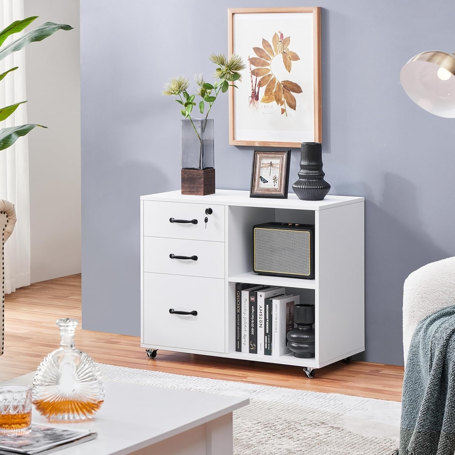 Rolling Mobile Filing Cabinet with Lockable Drawers Printer Stand 80x40x65cm