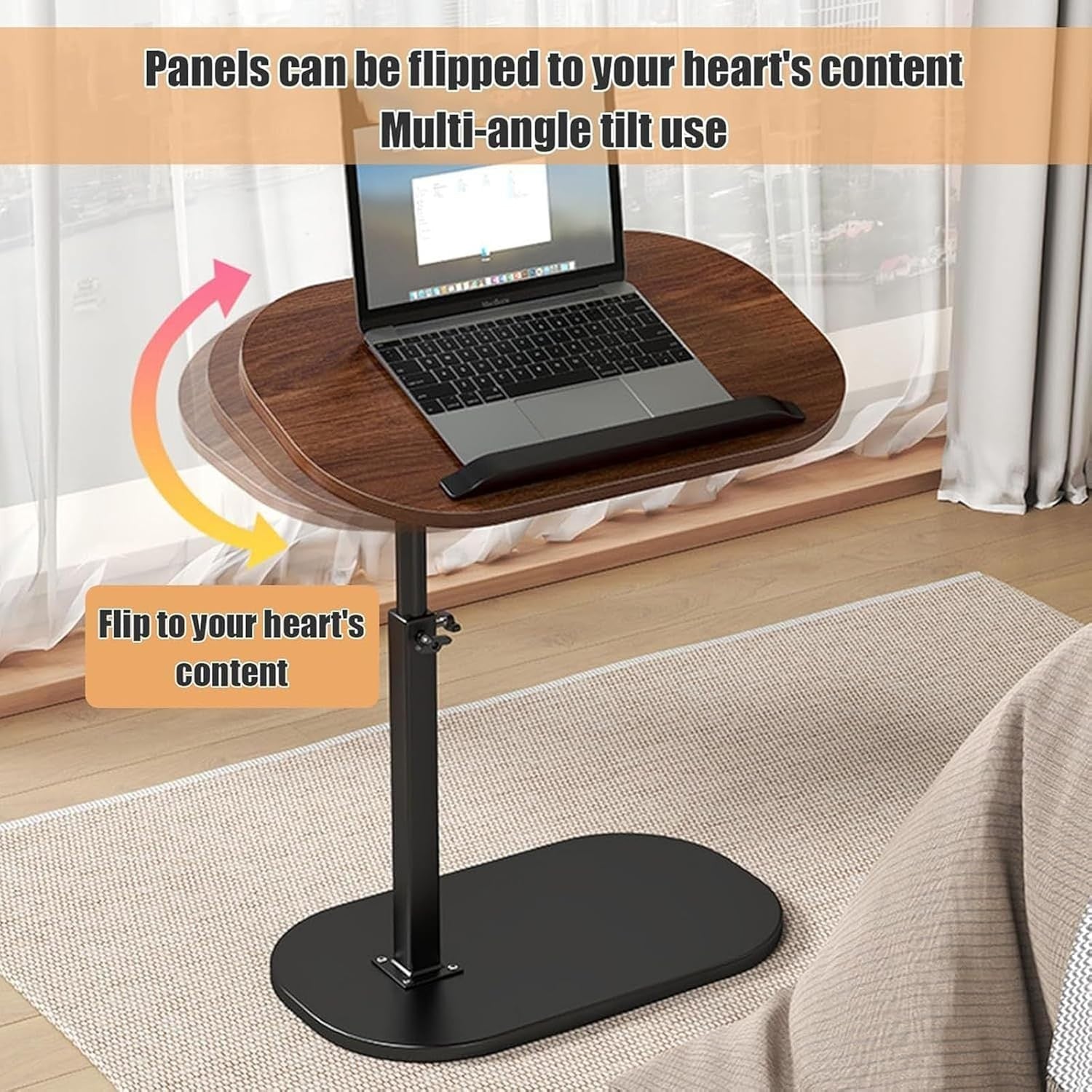 Oak Lift Top Laptop Side Table Adjustable Height 360° Swivel C Shape